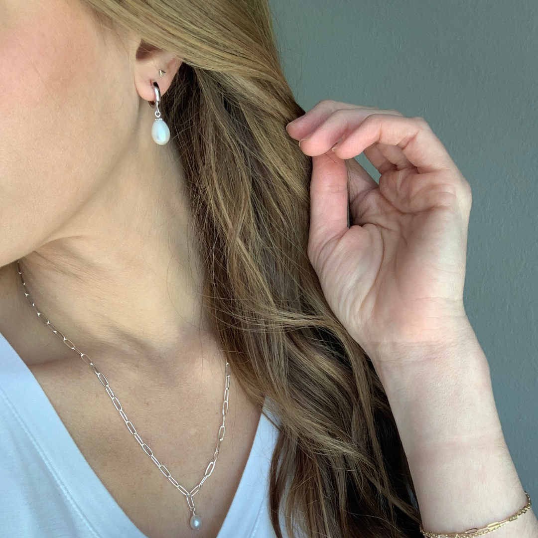 Sterling Silver Rhodium-plated White Teardrop Pearl Huggie Earrings