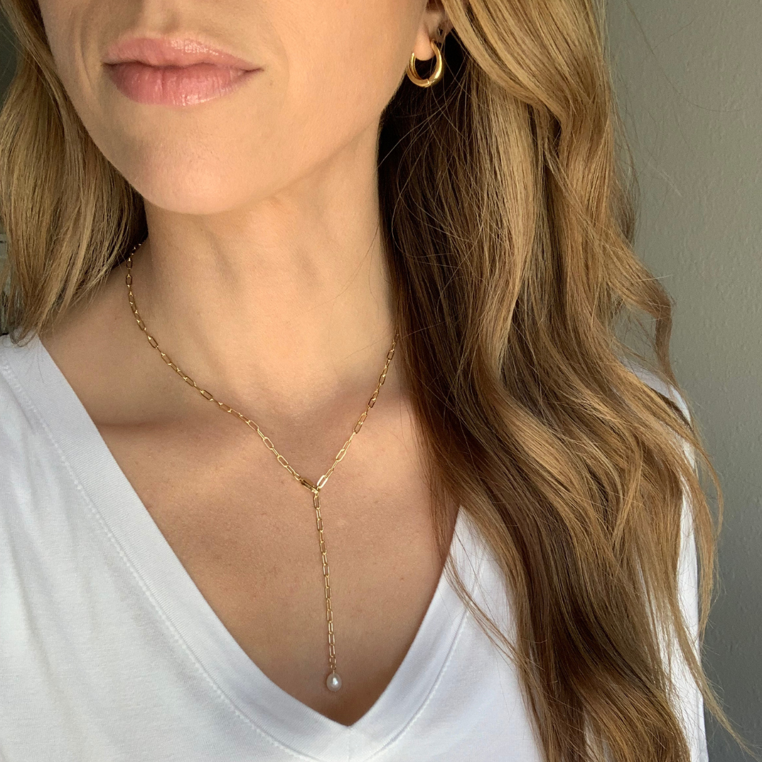 Adjustable Length Pearl Lariat Necklace in Yellow Gold Filled