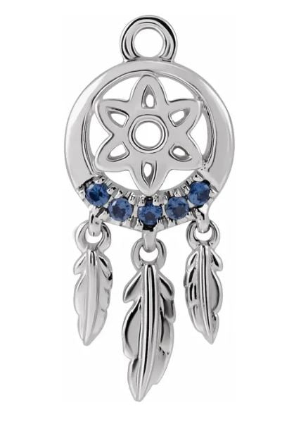14K White Natural Blue Sapphire Dream Catcher Dangle
