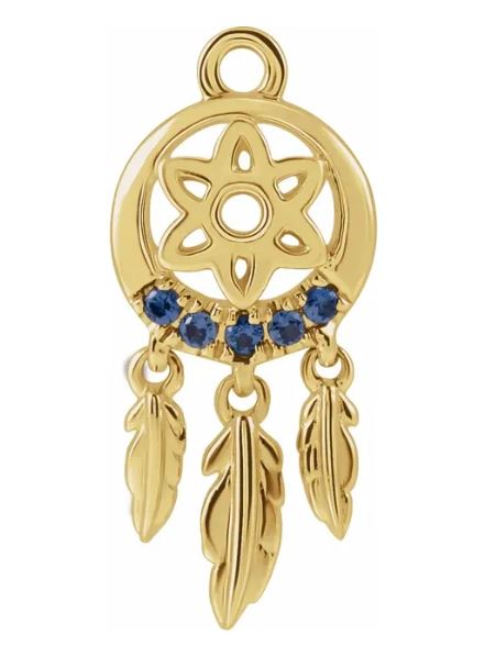 14K Yellow Natural Blue Sapphire Dream Catcher Dangle