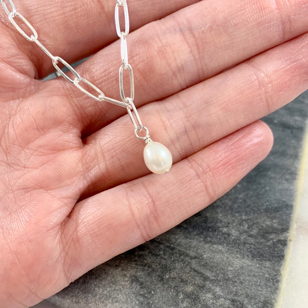 Pearl Pendant on Sterling Silver Paperclip Chain