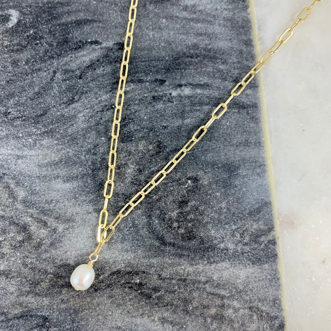 Pearl Necklace Yellow Gold Filled Paperclip Chain