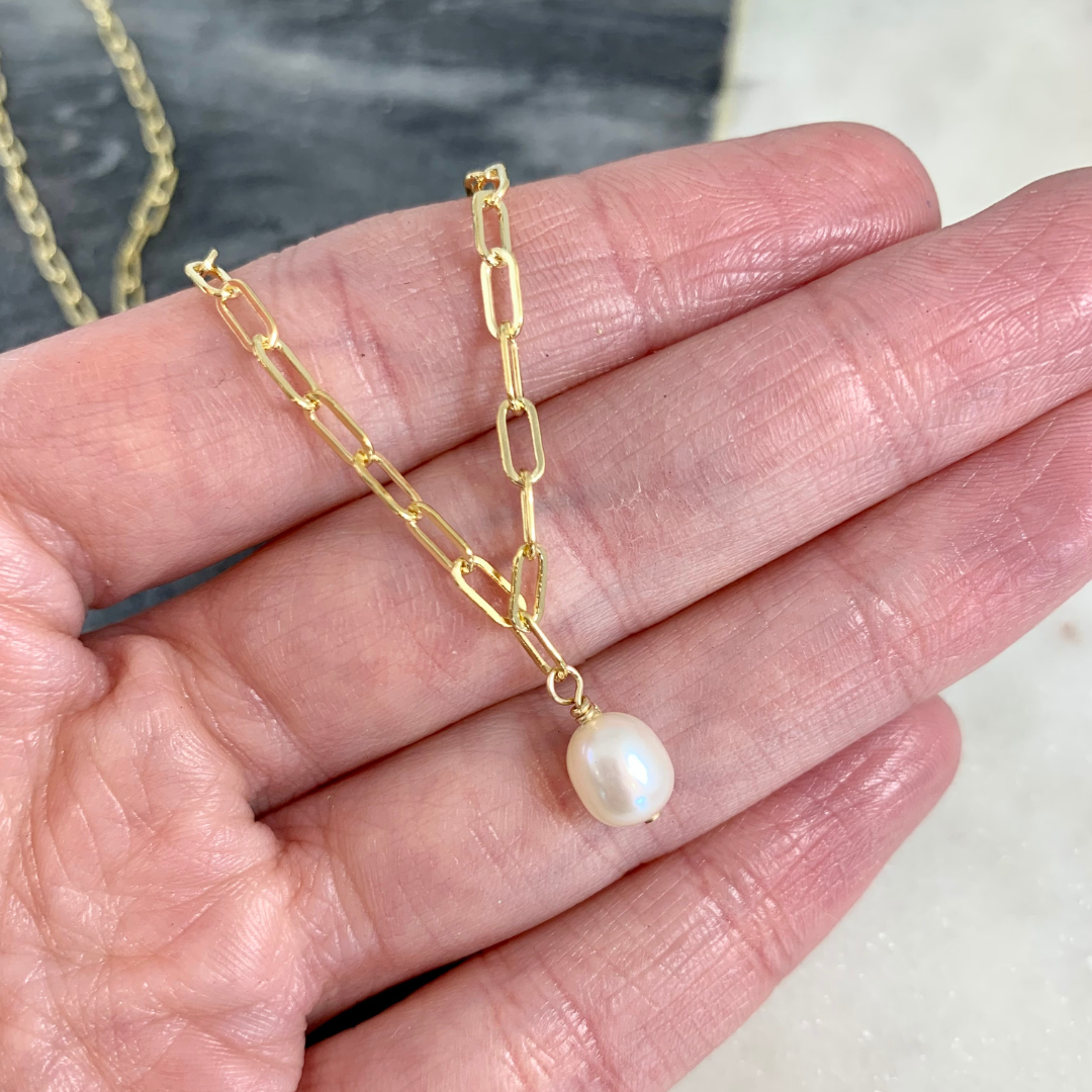 Pearl Necklace Yellow Gold Filled Paperclip Chain
