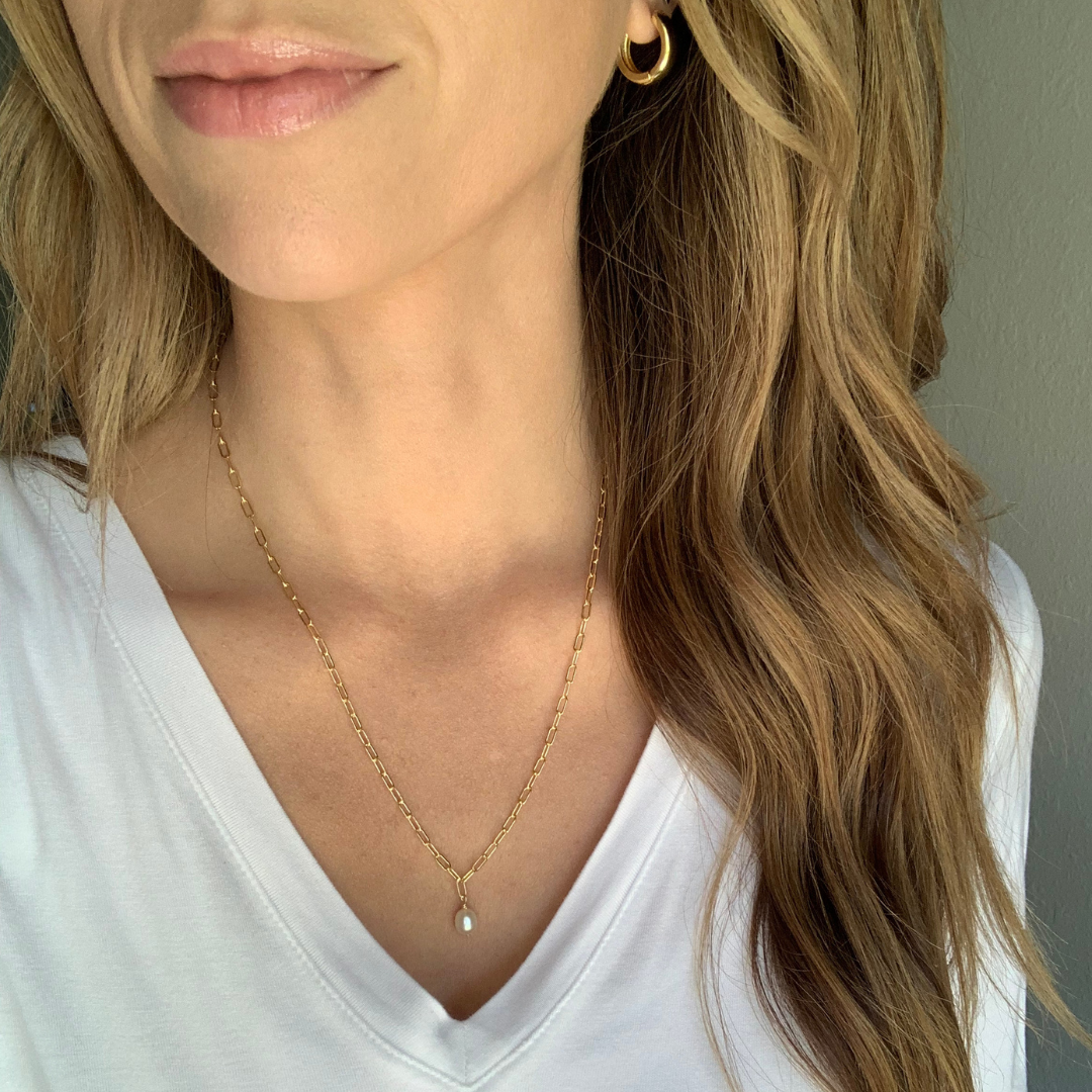 Pearl Necklace Yellow Gold Filled Paperclip Chain