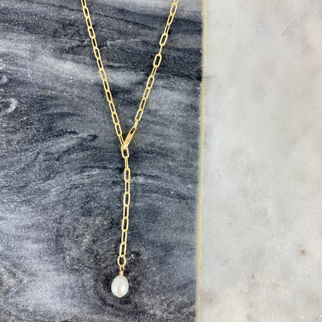 Adjustable Length Pearl Lariat Necklace in Yellow Gold Filled