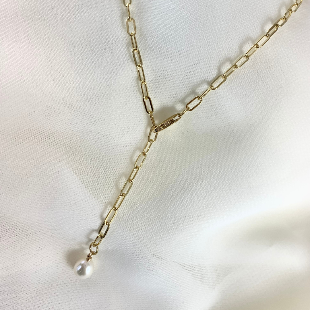 Adjustable Length Pearl Lariat Necklace in Yellow Gold Filled