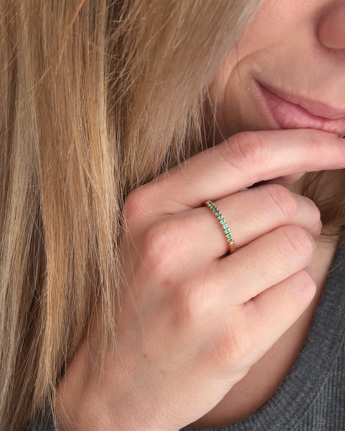 14k yellow gold lab grown emerald band totaling 1/6 carat