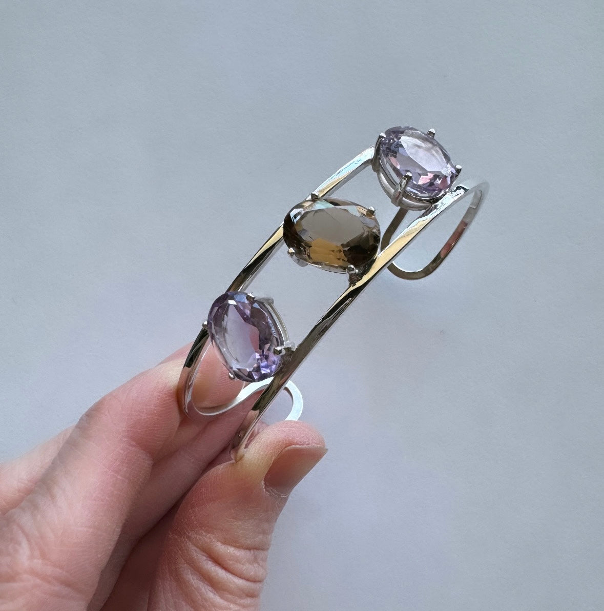 Sterling Silver Open Style Cuff with Smokey Quartz & Amethyst