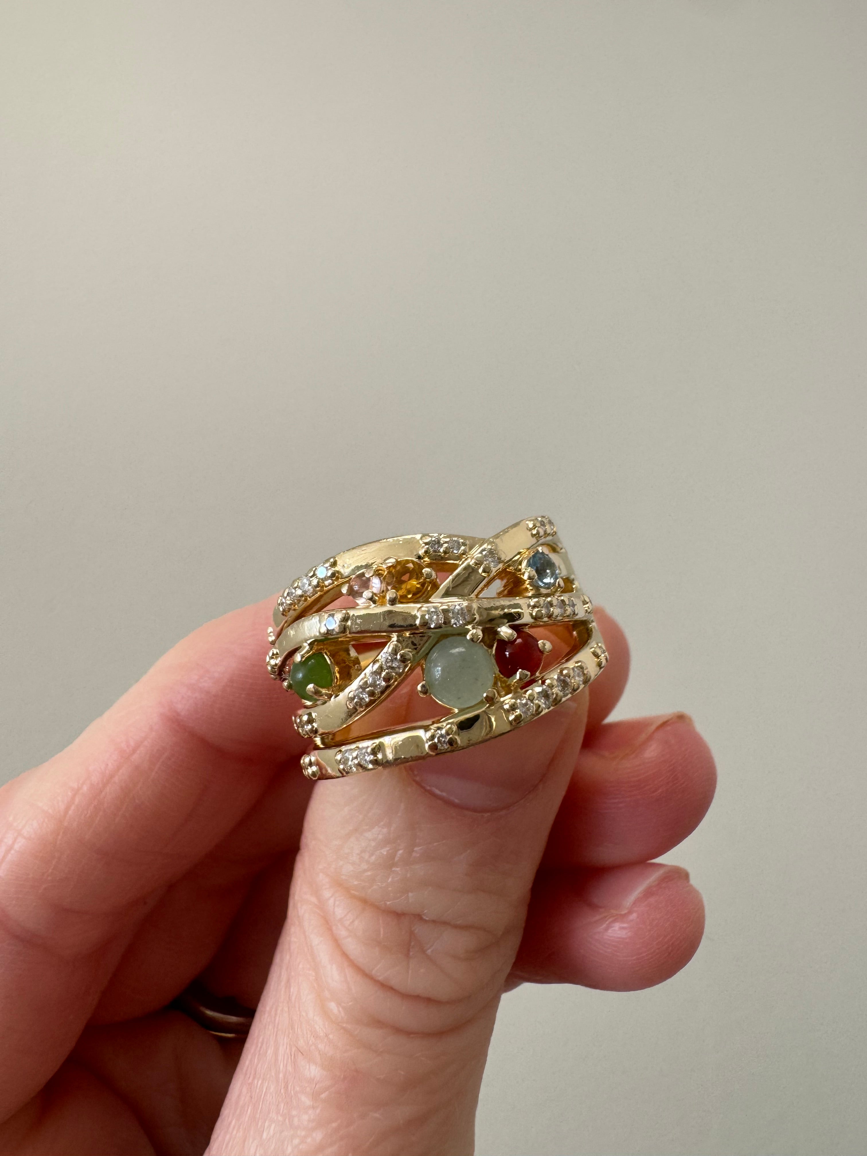 14k yellow gold multi gemstone & diamond fashion ring: Supply and set missing 4mm cabochon Aventurine stone & polish ring