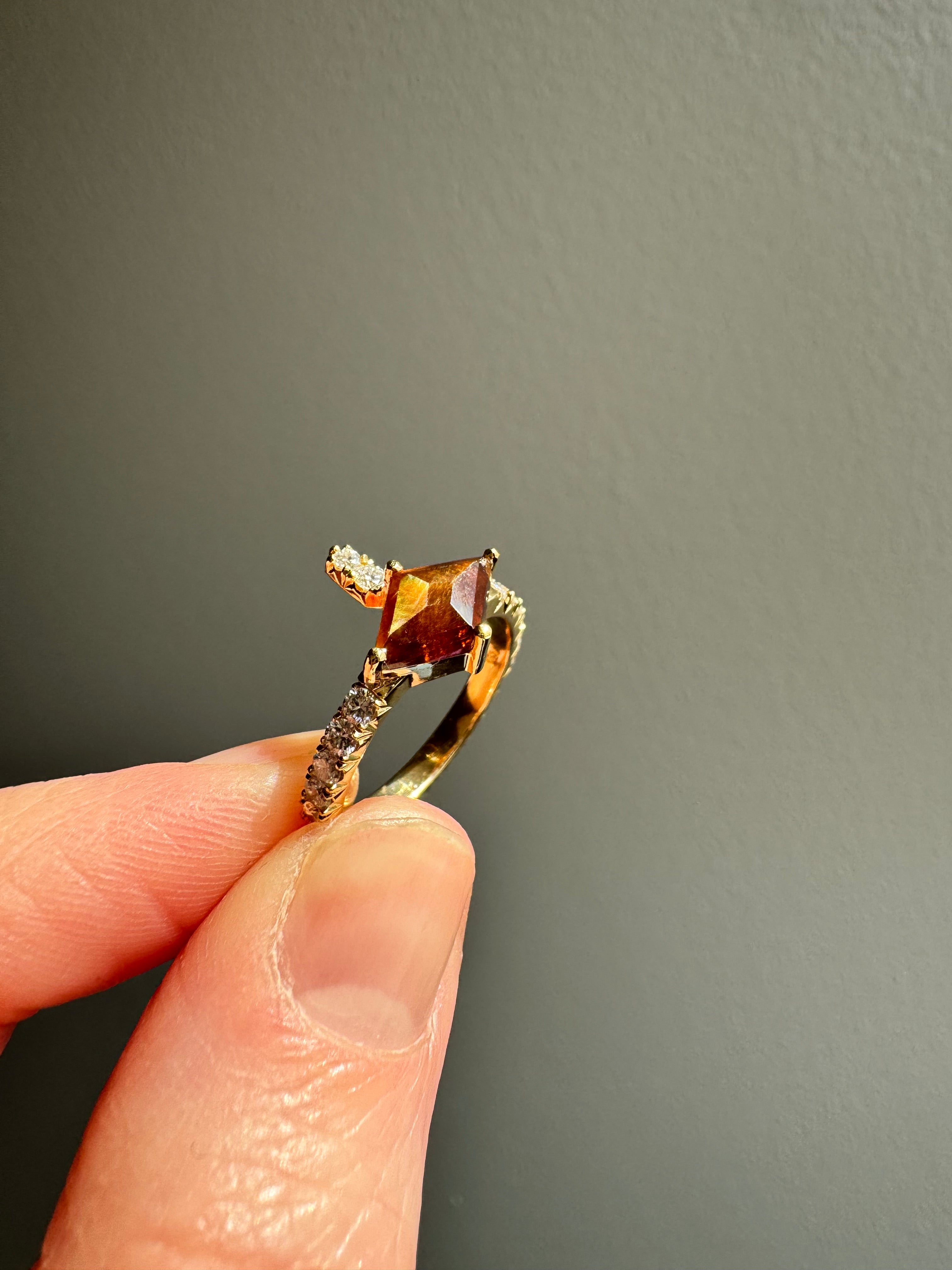 Replace missing diamond & polish 18k yellow gold eternity style fashion ring with brown kite cut gemstone