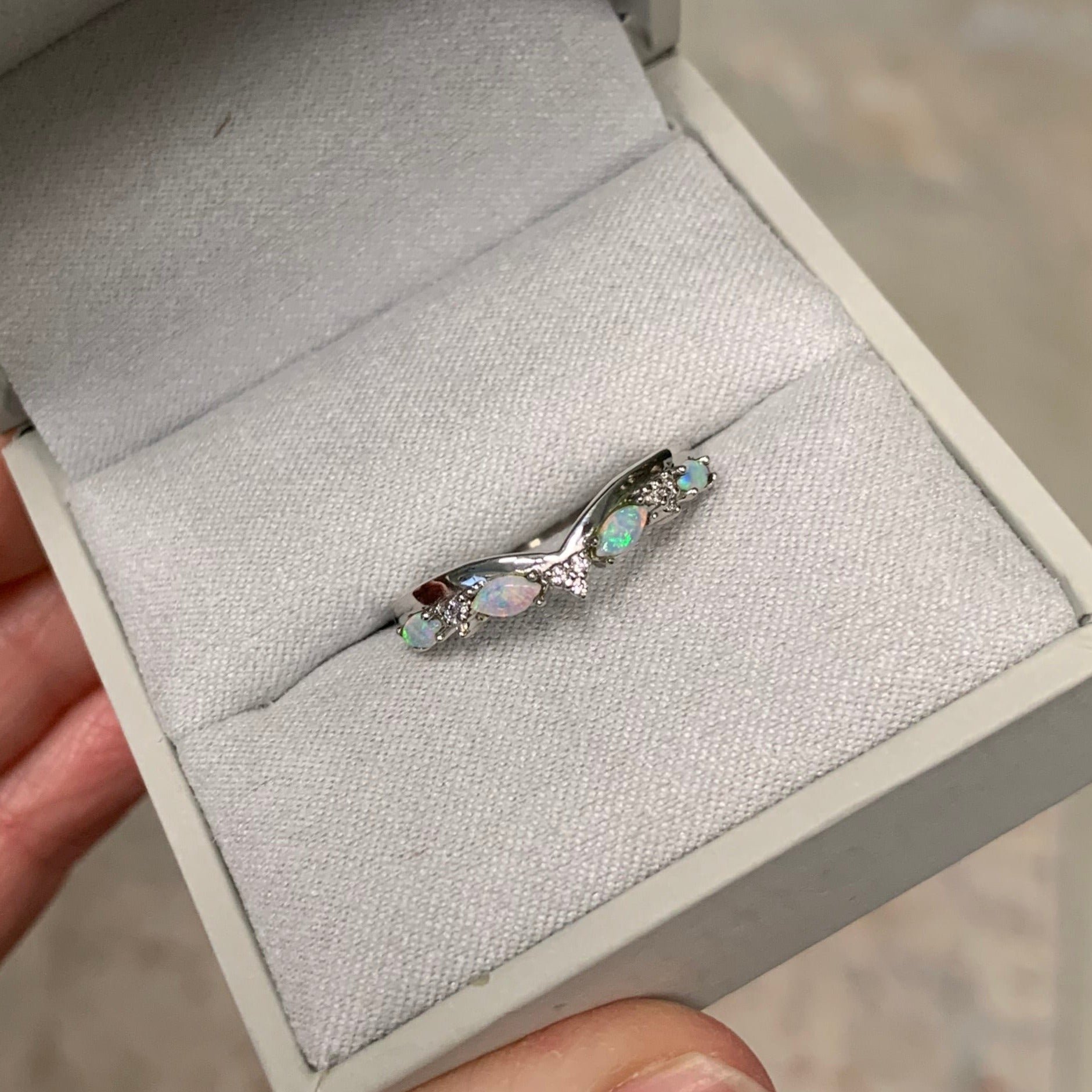Ladies Custom Platinum Diamond and Opal Wedding Band