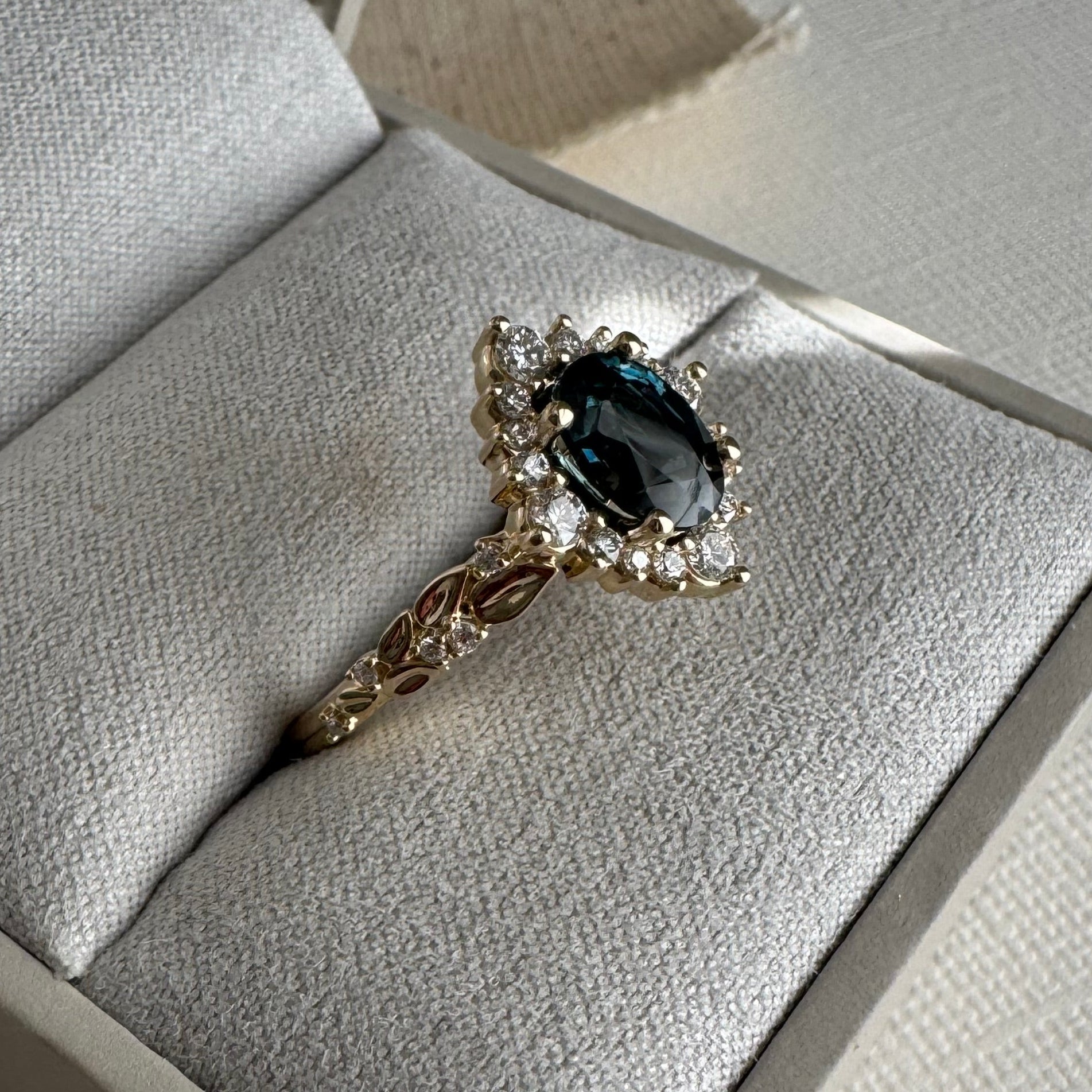 Custom, 14k yellow gold lab grown diamond and genuine sapphire (1.34 cts) oval halo, floral engagement ring. Size 8.5
