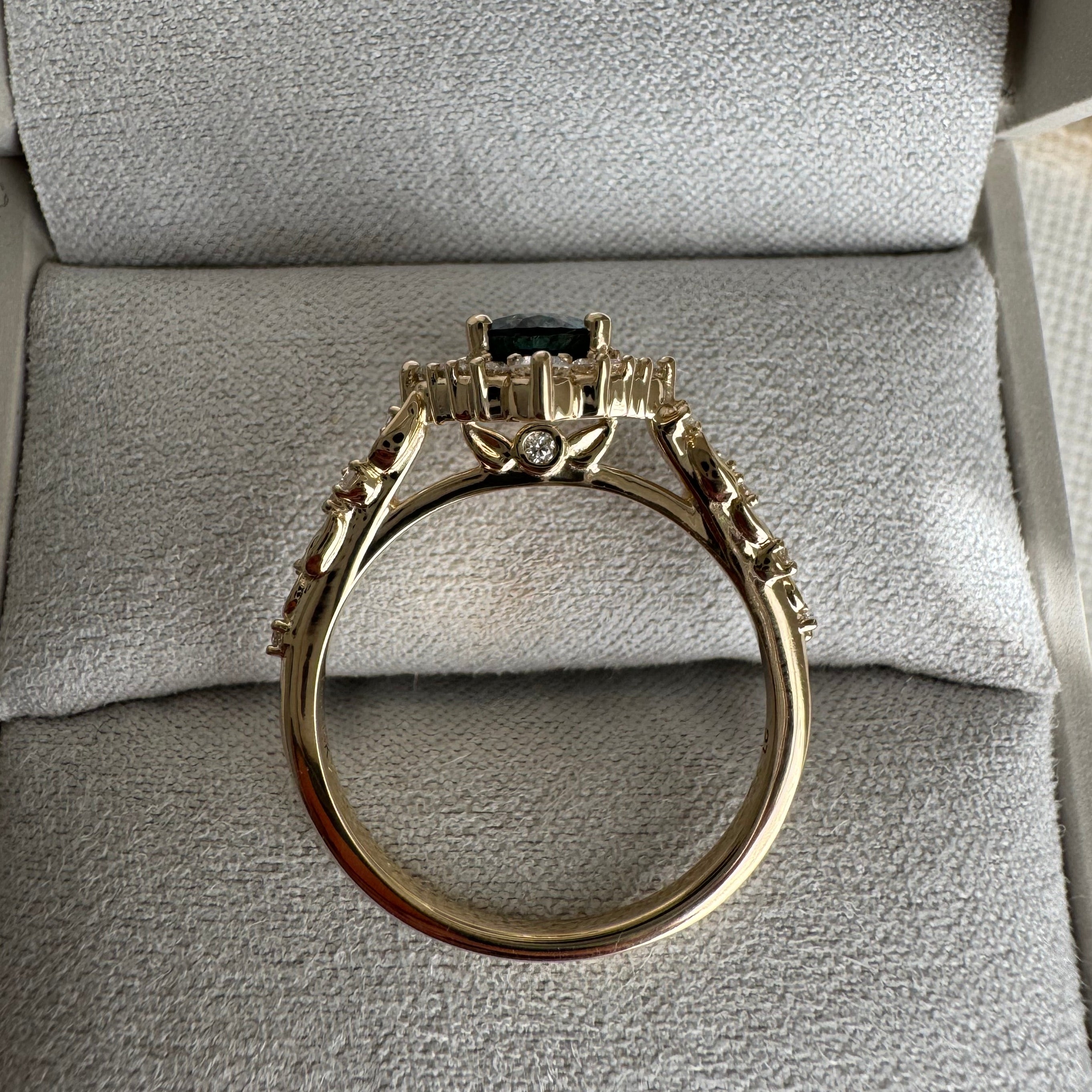 Custom, 14k yellow gold lab grown diamond and genuine sapphire (1.34 cts) oval halo, floral engagement ring. Size 8.5