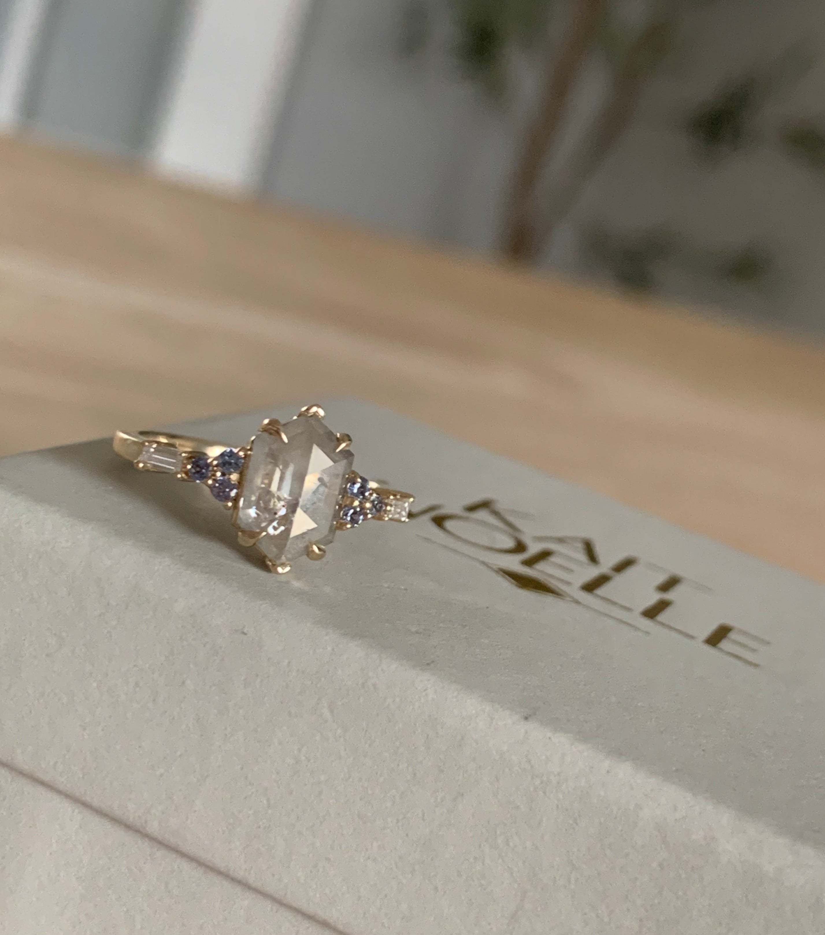 Custom 10k yellow gold salt and pepper diamond and Yogo sapphire engagement ring