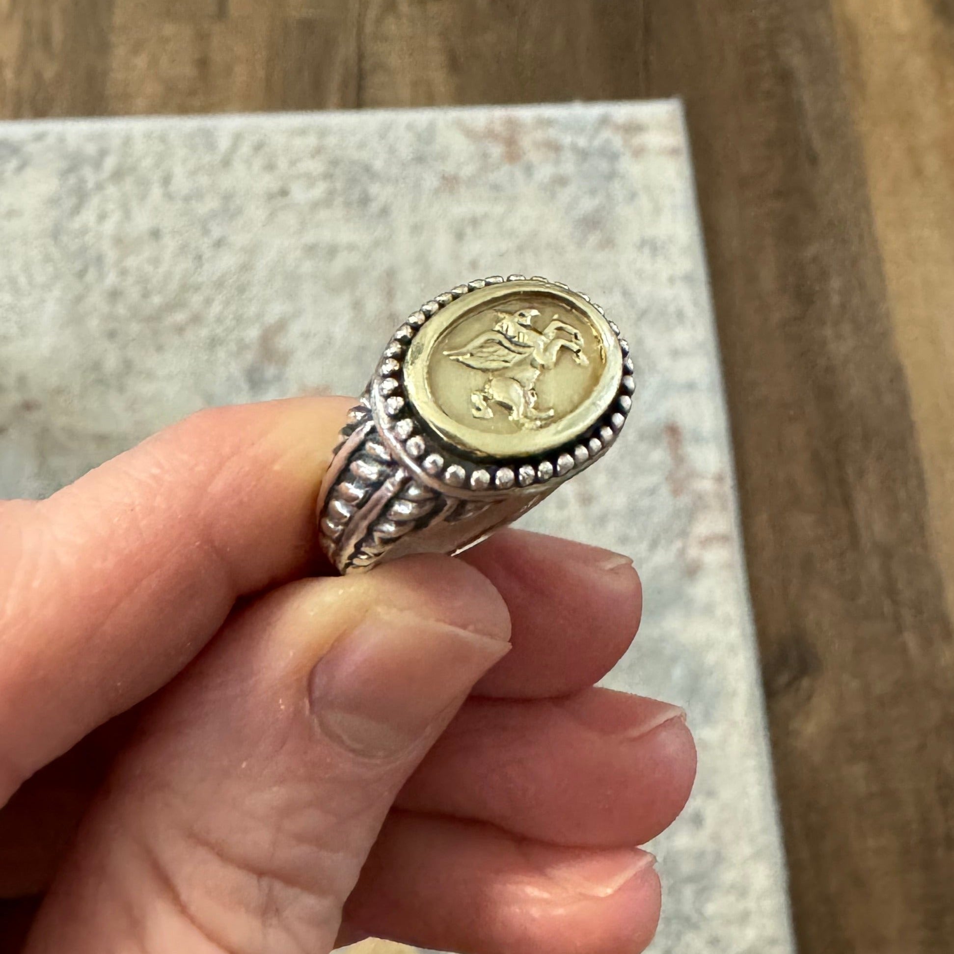 Size down to 5.25-: Sterling Silver and 14k Yellow Gold Antiqued Signet Ring.