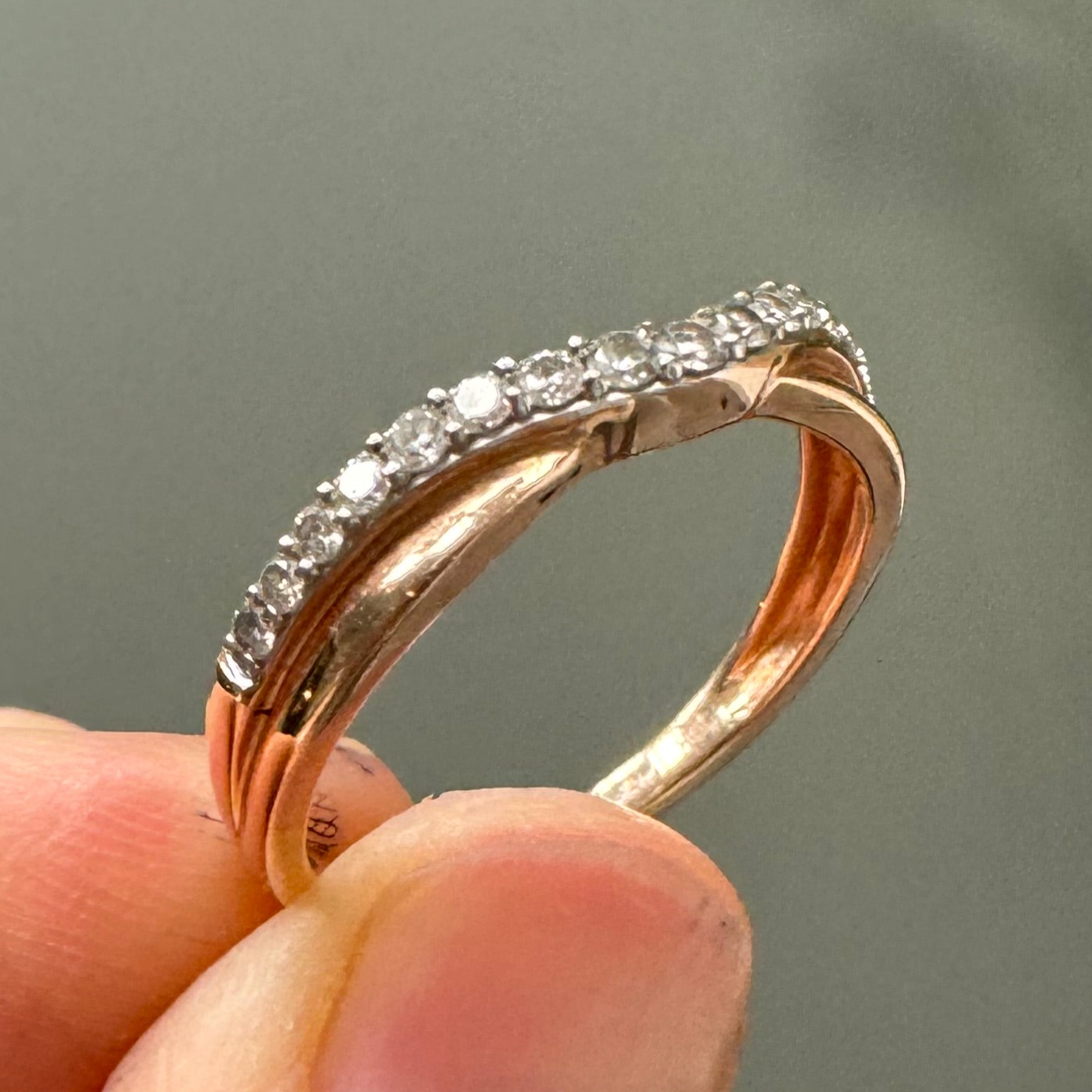 Repair: Rhodium plate & size up to 8. Ladies 10k rose gold diamond contoured wedding band