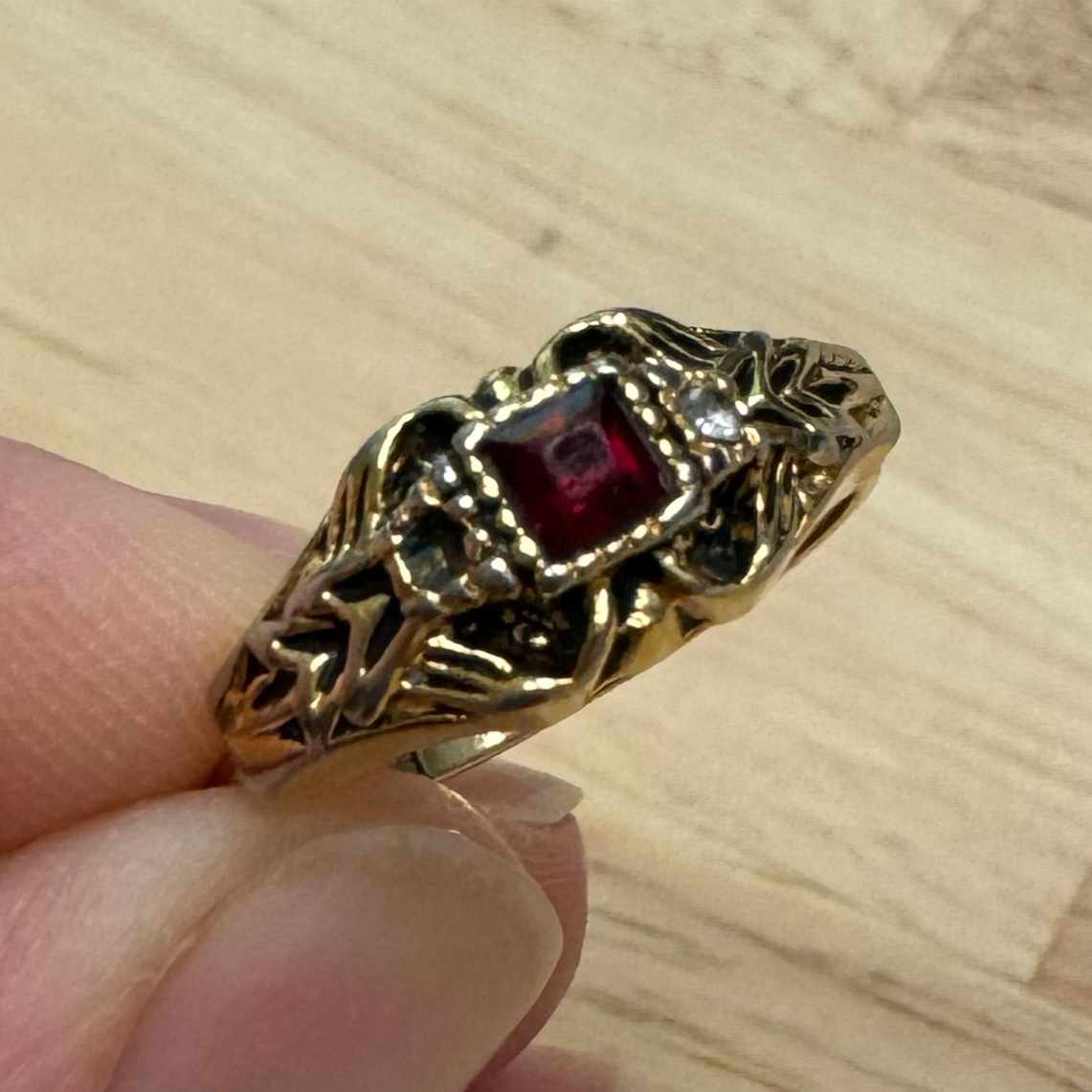 Repair: Replate & replace missing foilback (Base metal ring with red and white foilbacks)
