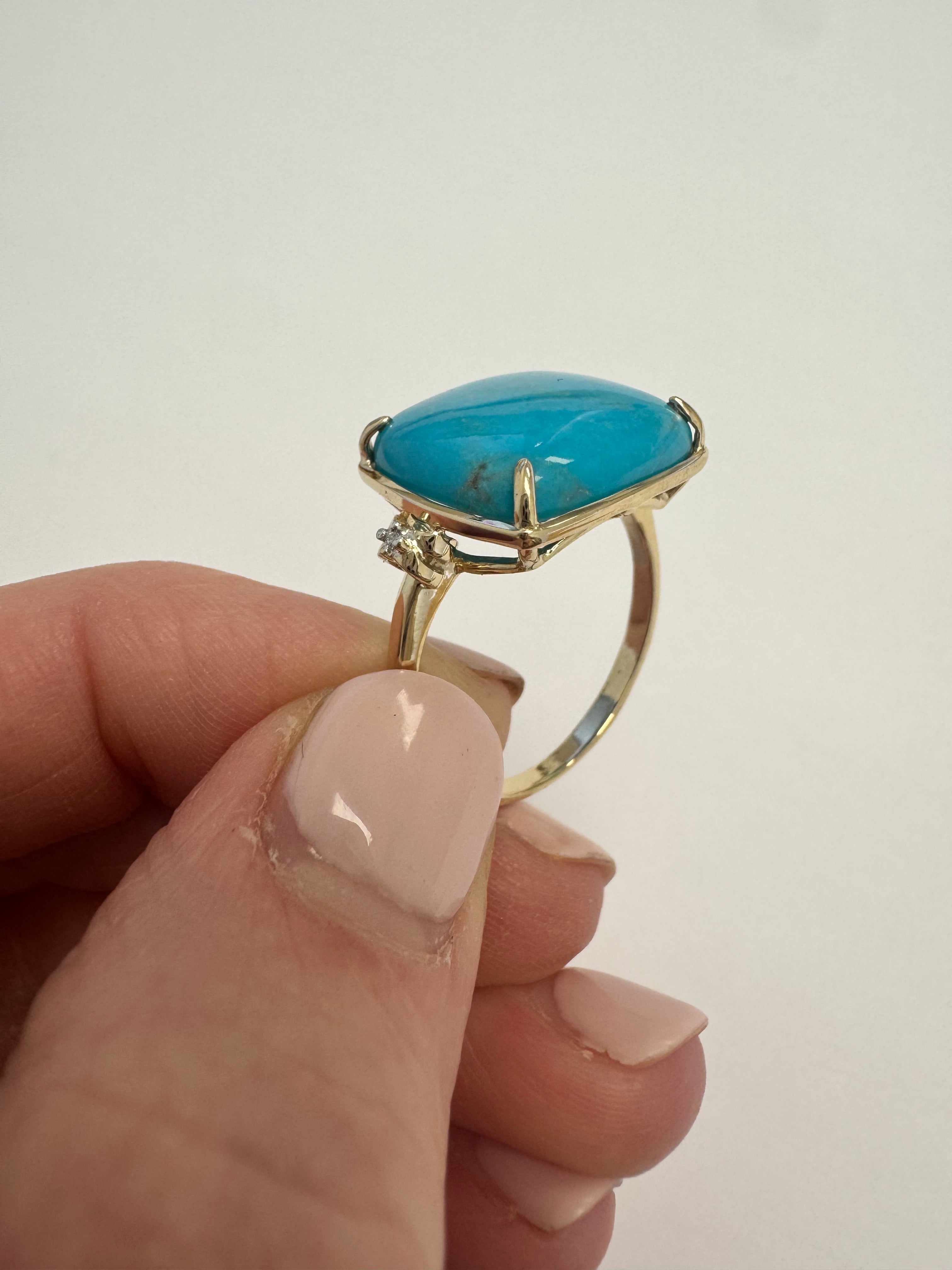 Yellow gold turquoise and diamond fashion ring. Size up to 9.75.