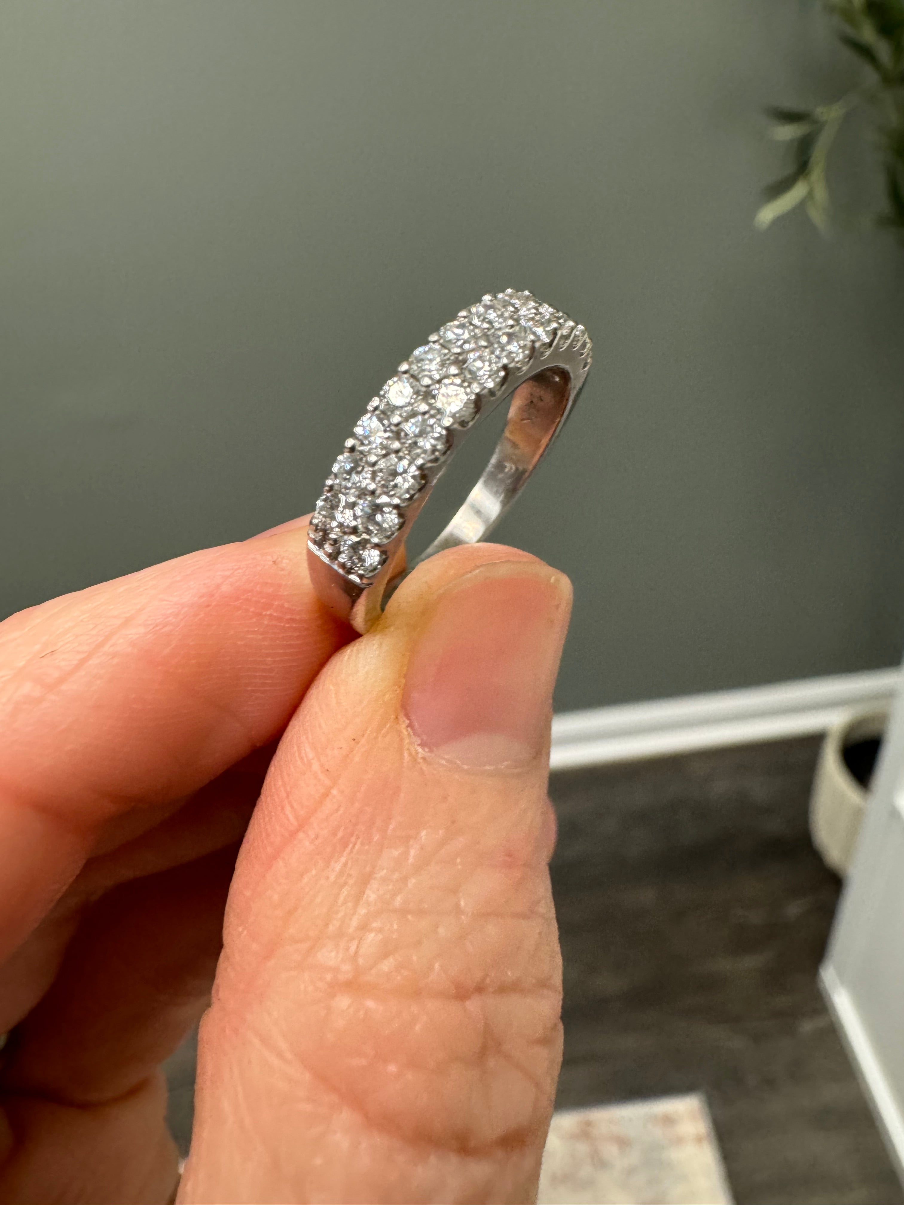 Size down to 5.5: 14k white gold diamond double row band
