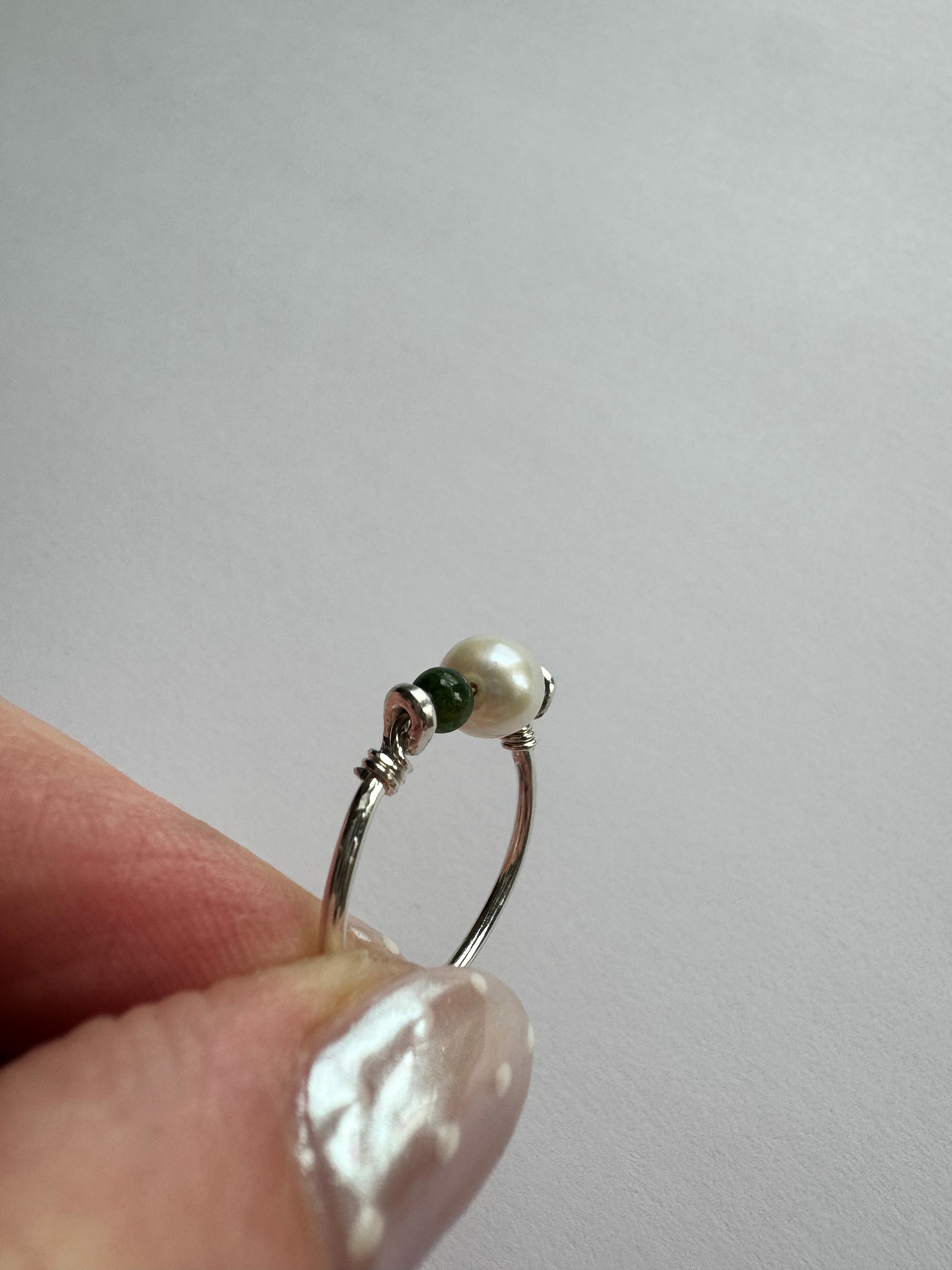 Sterling silver jade and pearl ring using customer's 1 round pearl and supplying 2 round jade. Size 6.
