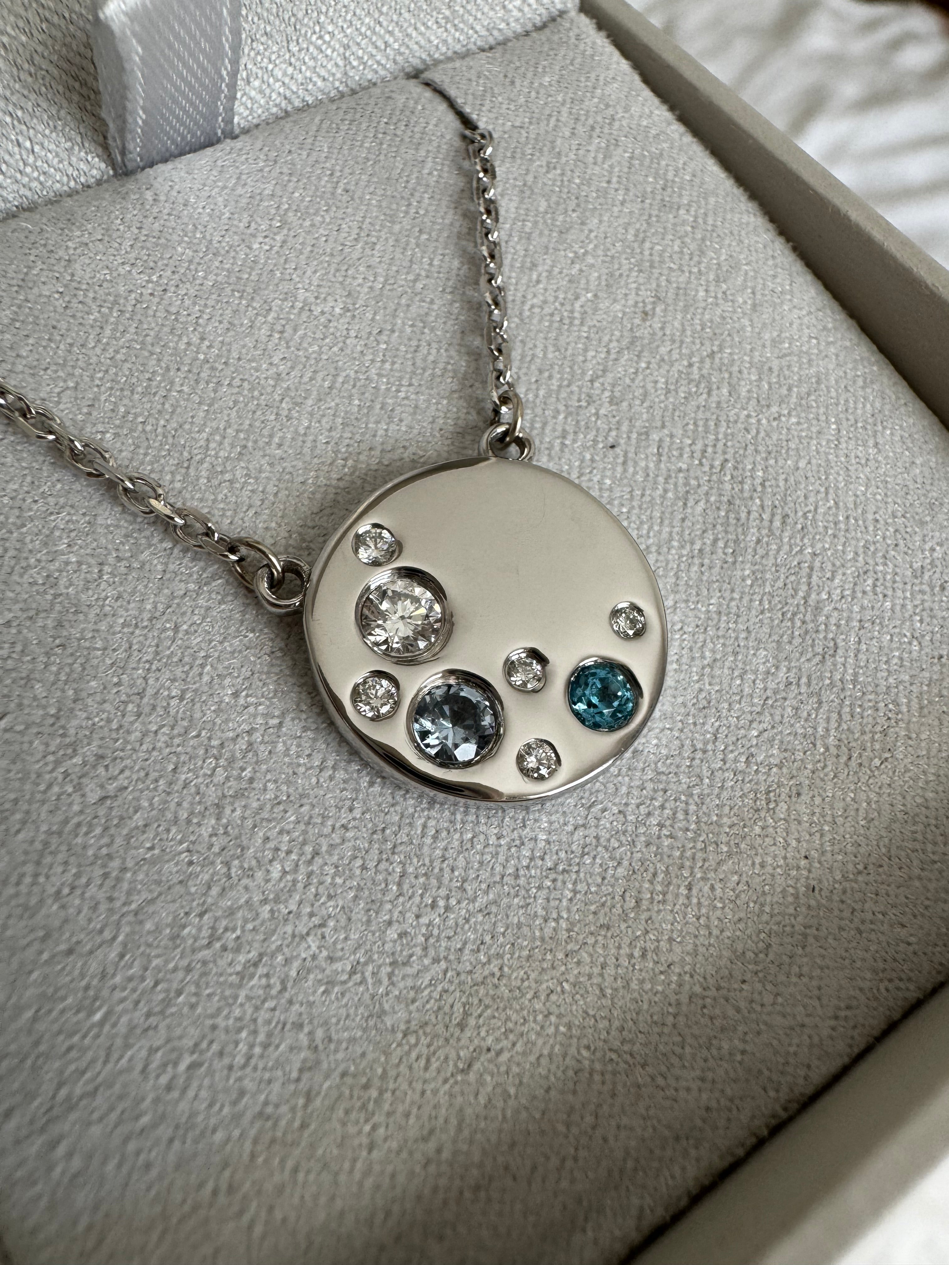 Custom: 10k white gold diamond and gemstone Nana disc necklace