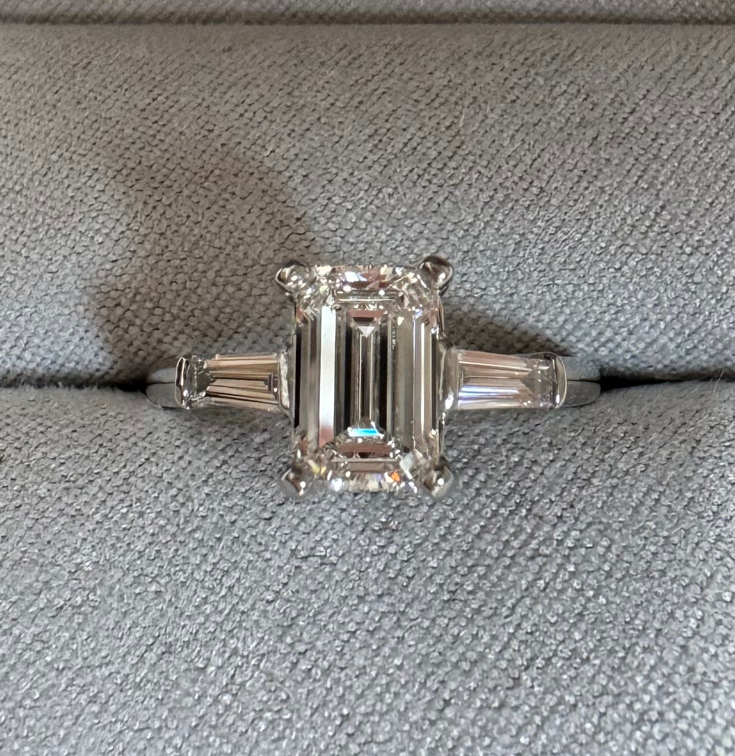 Platinum Three Stone Style Lab Grown Emerald Cut Engagement Ring - Size 6