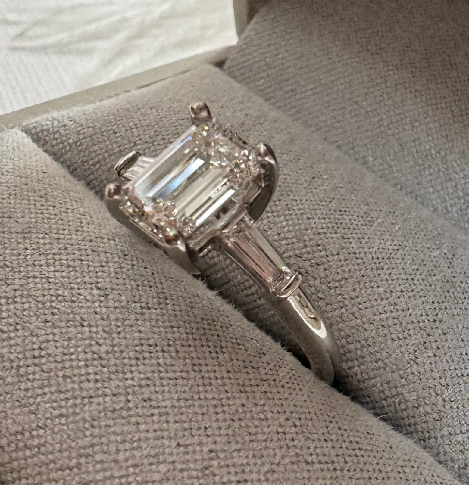 Platinum Three Stone Style Lab Grown Emerald Cut Engagement Ring - Size 6