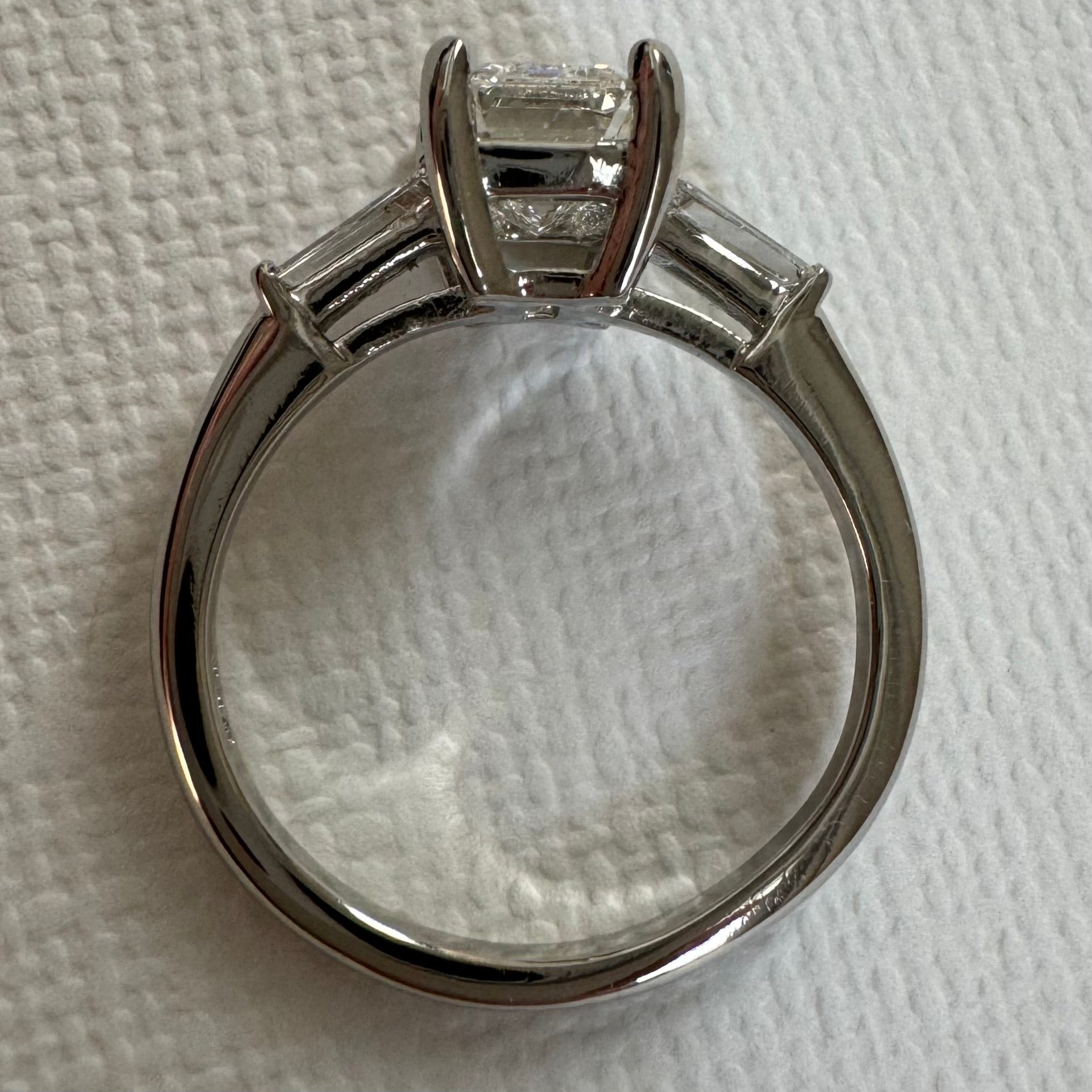 Platinum Three Stone Style Lab Grown Emerald Cut Engagement Ring - Size 6