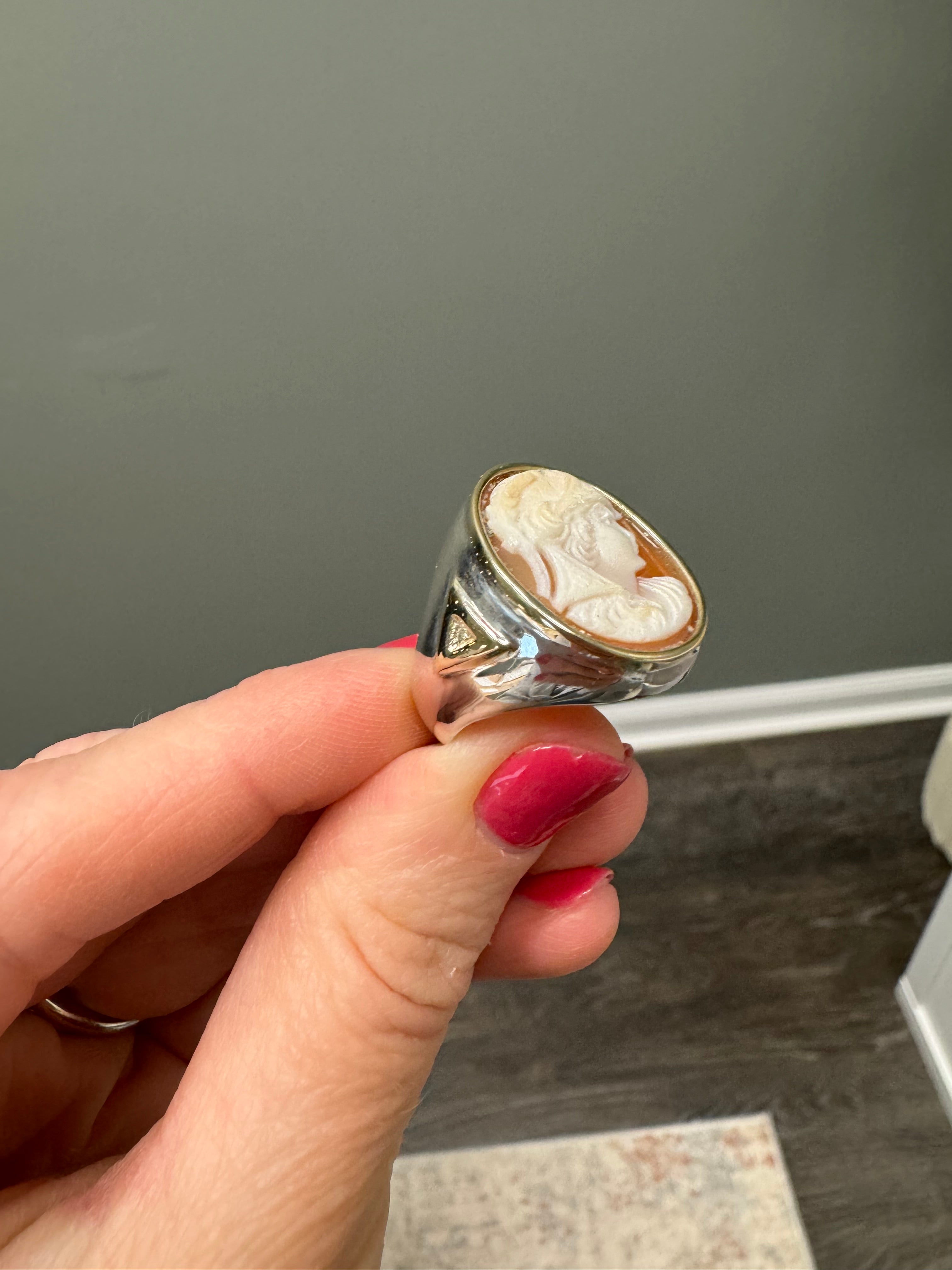 Sterling Silver Cameo Ring: Add 14k yg bezel and trim triangles. Polish but DON'T CHANGE SHANK SHAPE.