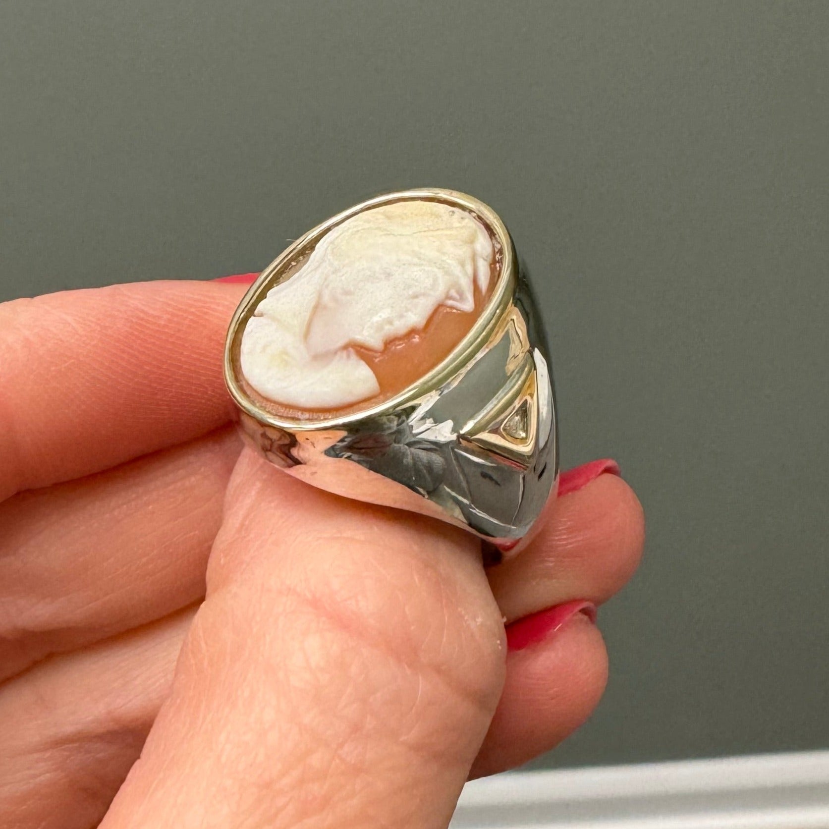 Sterling Silver Cameo Ring: Add 14k yg bezel and trim triangles. Polish but DON'T CHANGE SHANK SHAPE.