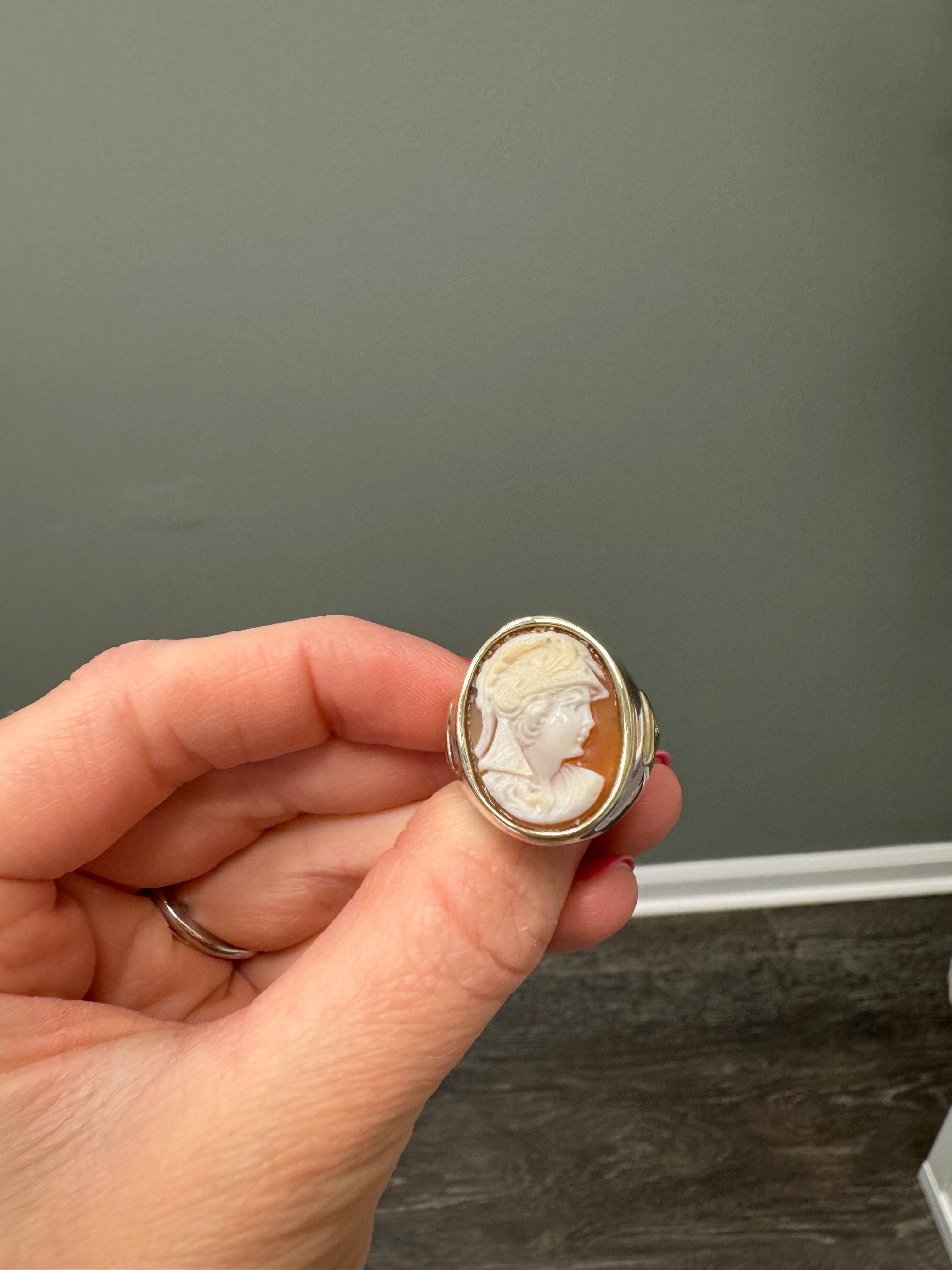 Sterling Silver Cameo Ring: Add 14k yg bezel and trim triangles. Polish but DON'T CHANGE SHANK SHAPE.
