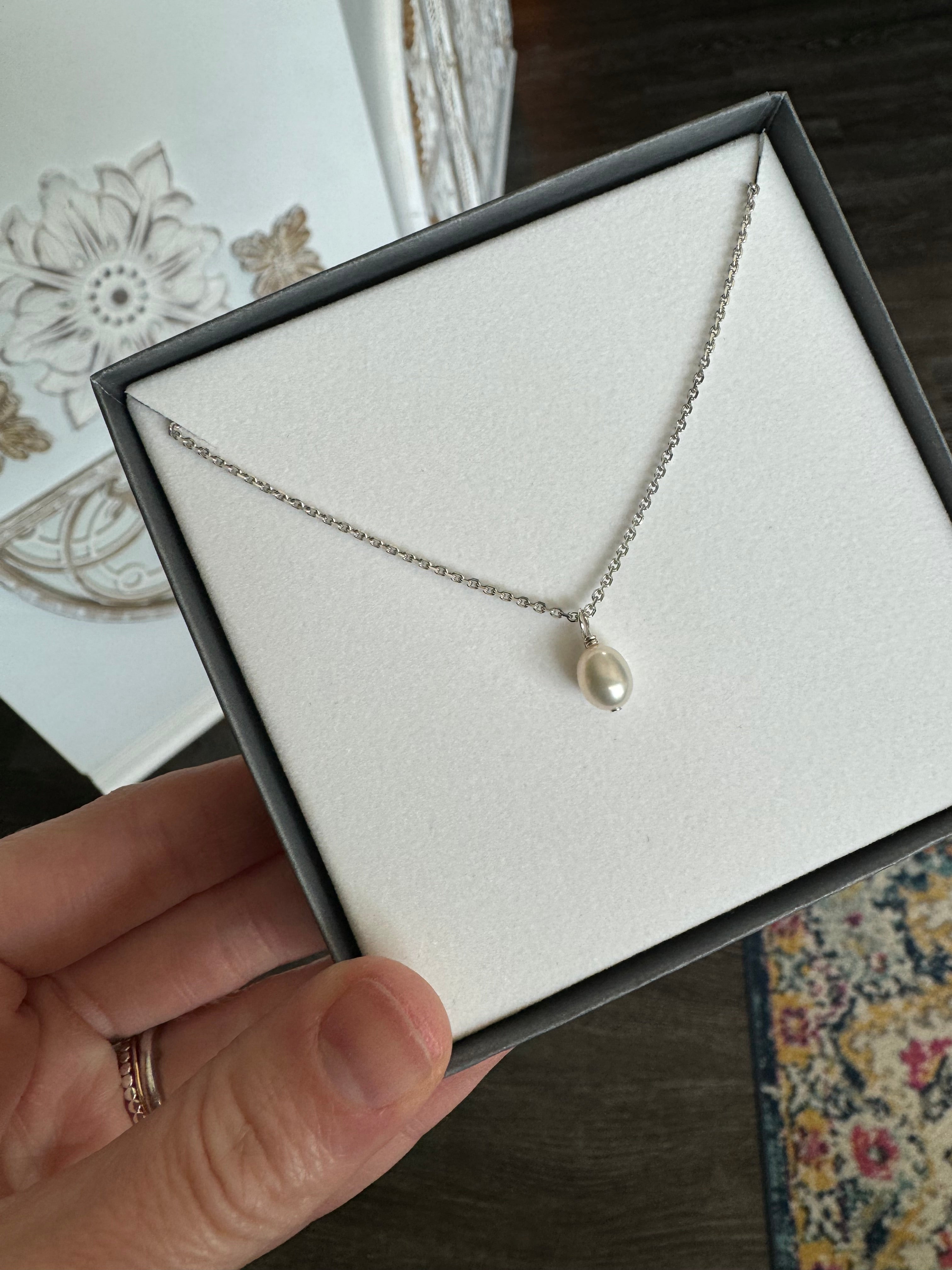 Sterling Silver Oblong Pearl Necklace- 18 +2"