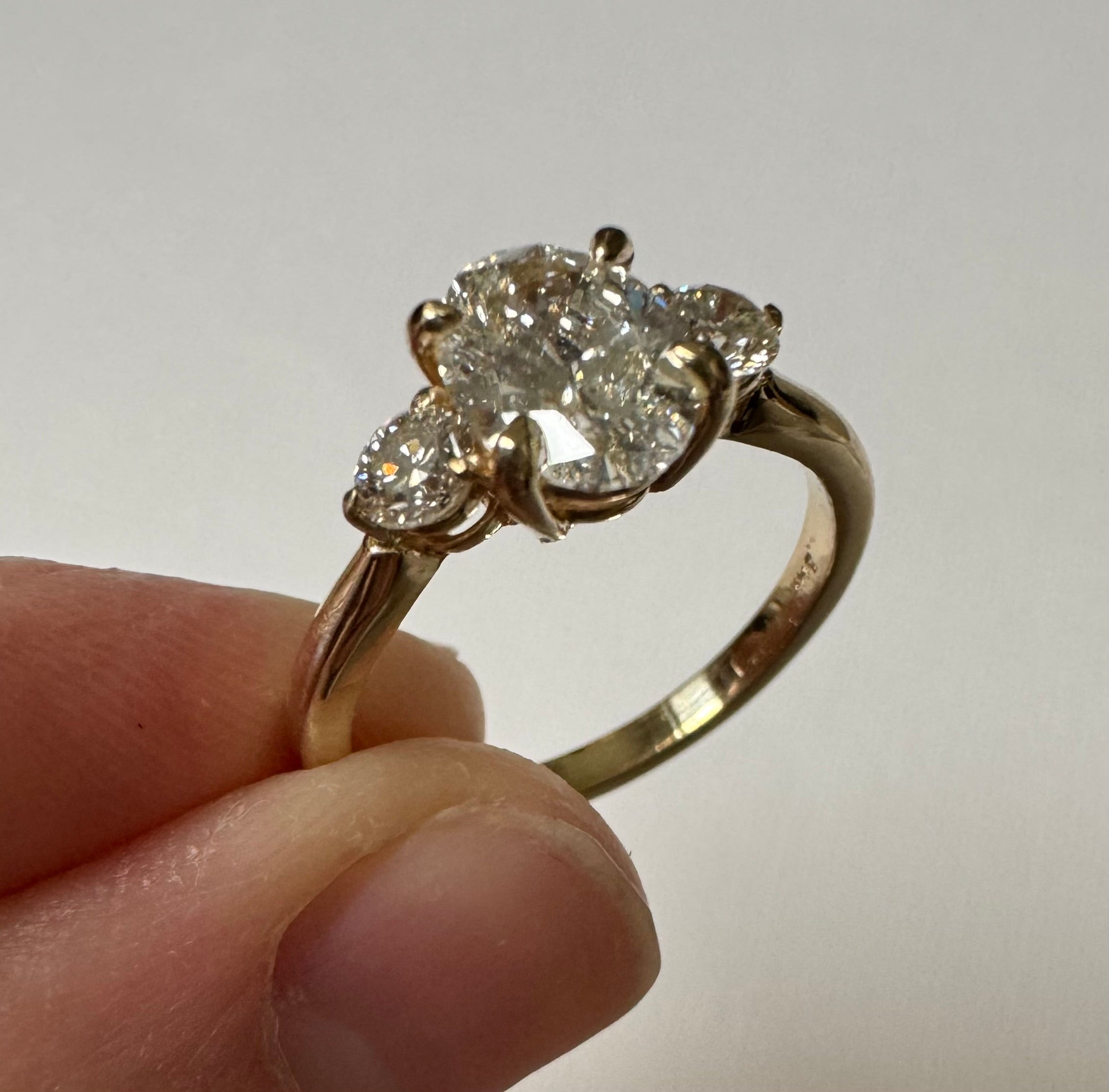 One, 14k yellow gold diamond three stone engagement ring - Size 7