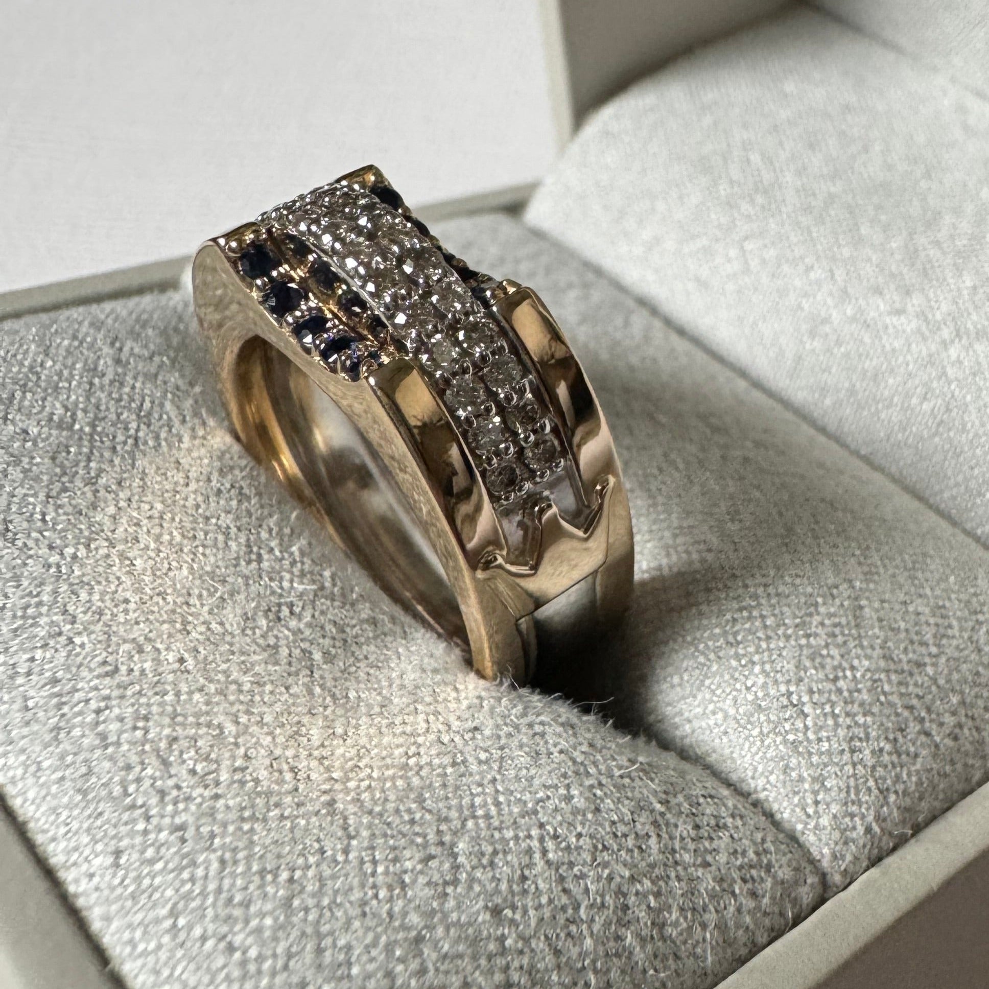 Custom 14k yg & 10k wg sapphire and diamond crown ring