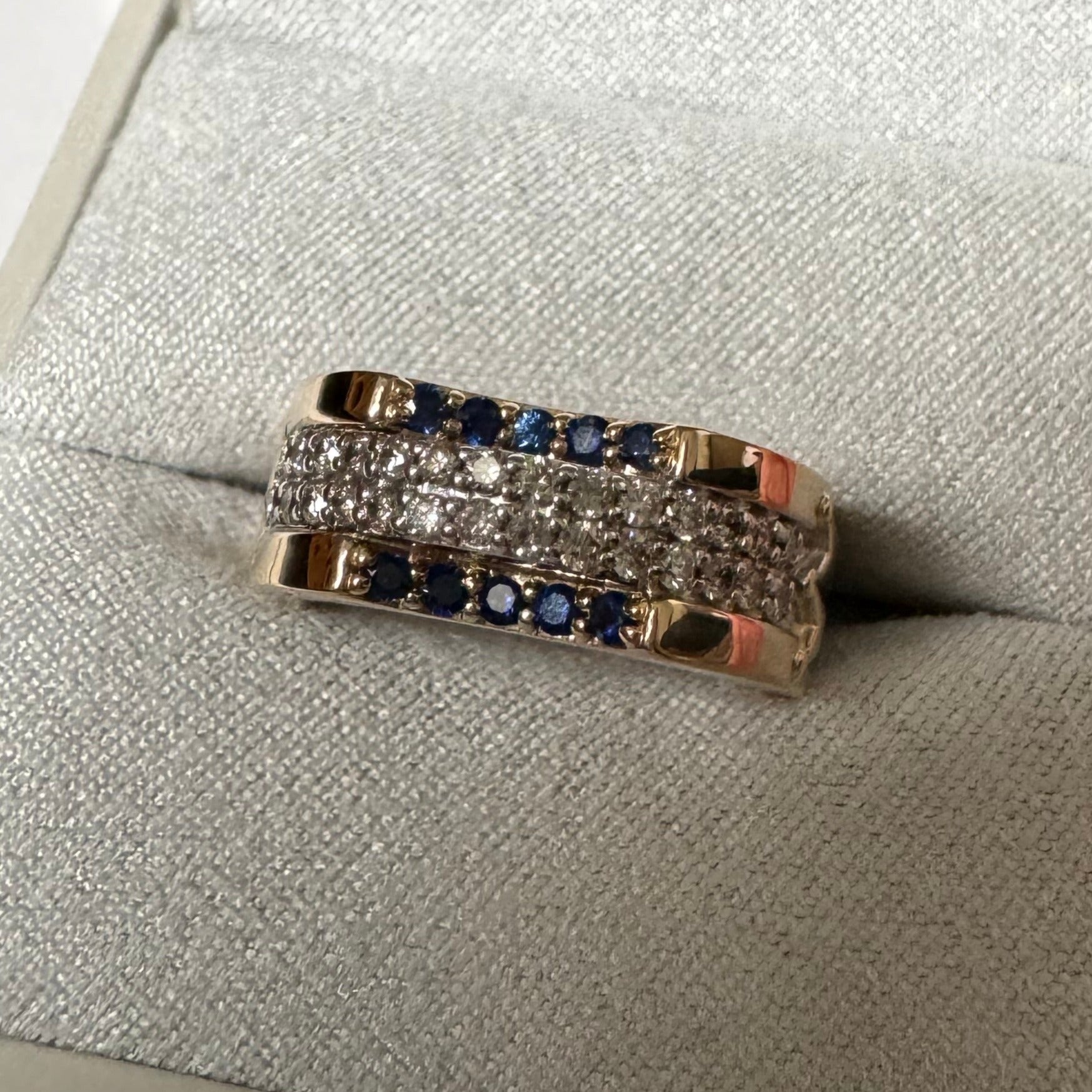 Custom 14k yg & 10k wg sapphire and diamond crown ring