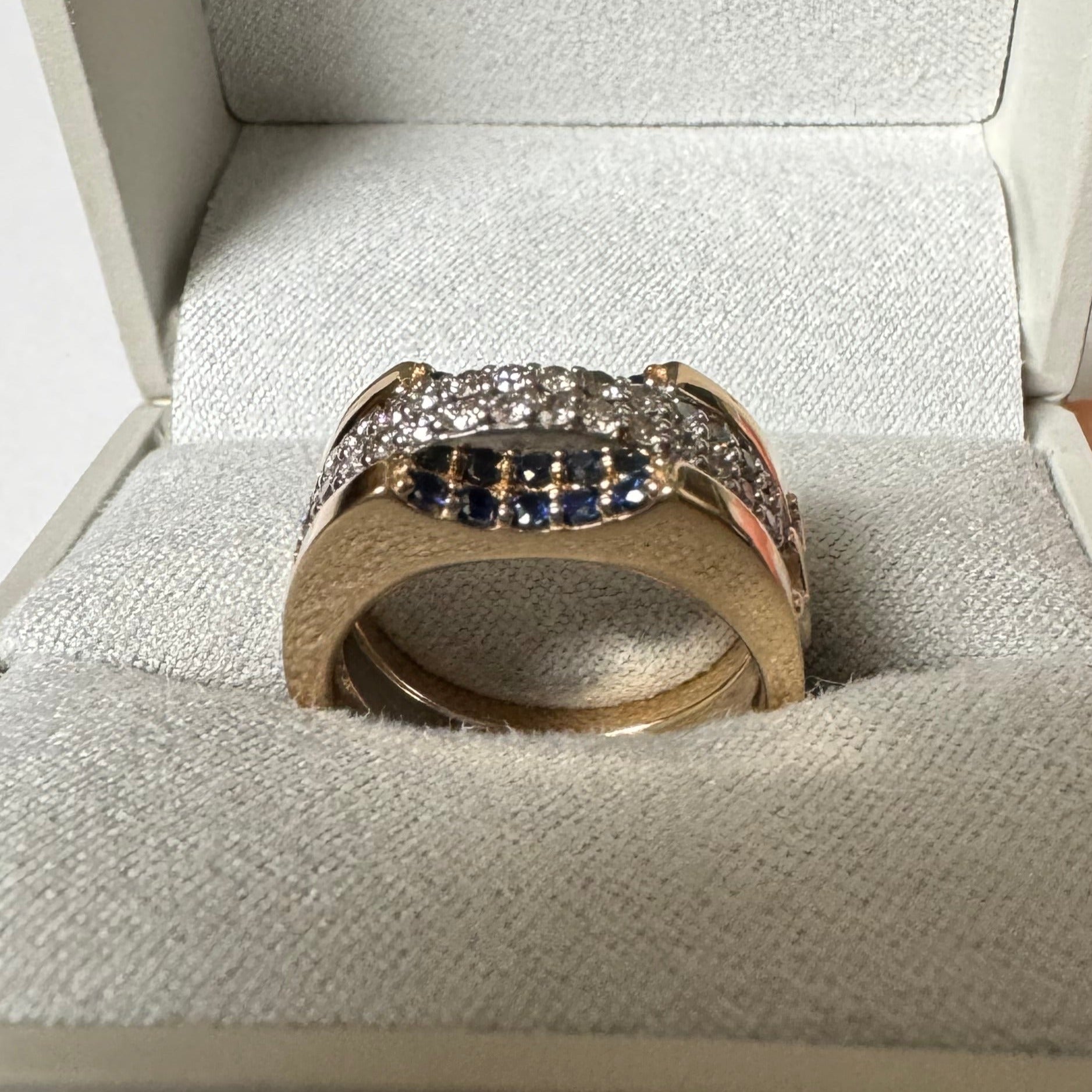 Custom 14k yg & 10k wg sapphire and diamond crown ring