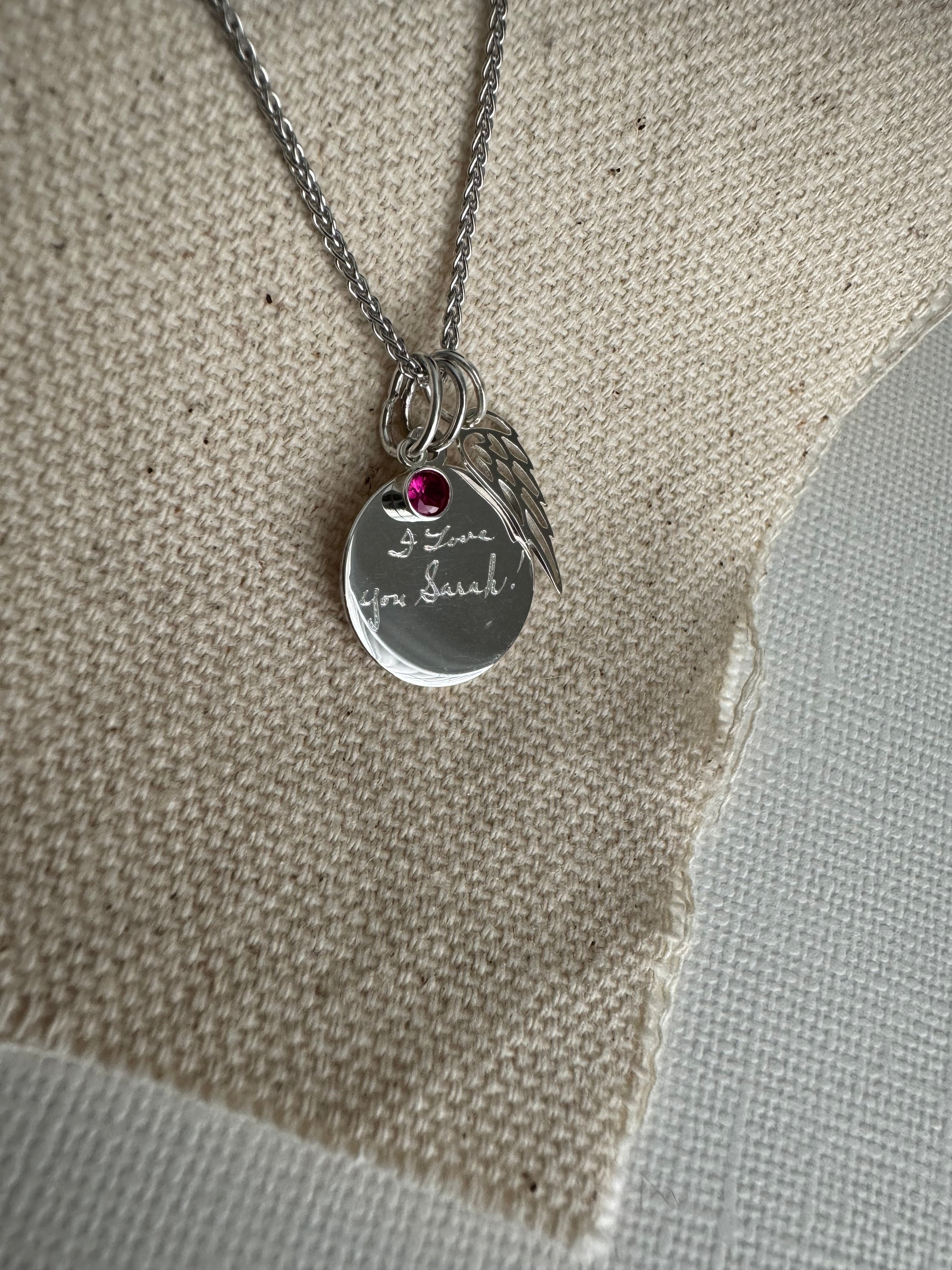 Sterling Silver Engraved Disc with Ruby Dangle and Angel Wing Dangle- 18" wheat chain