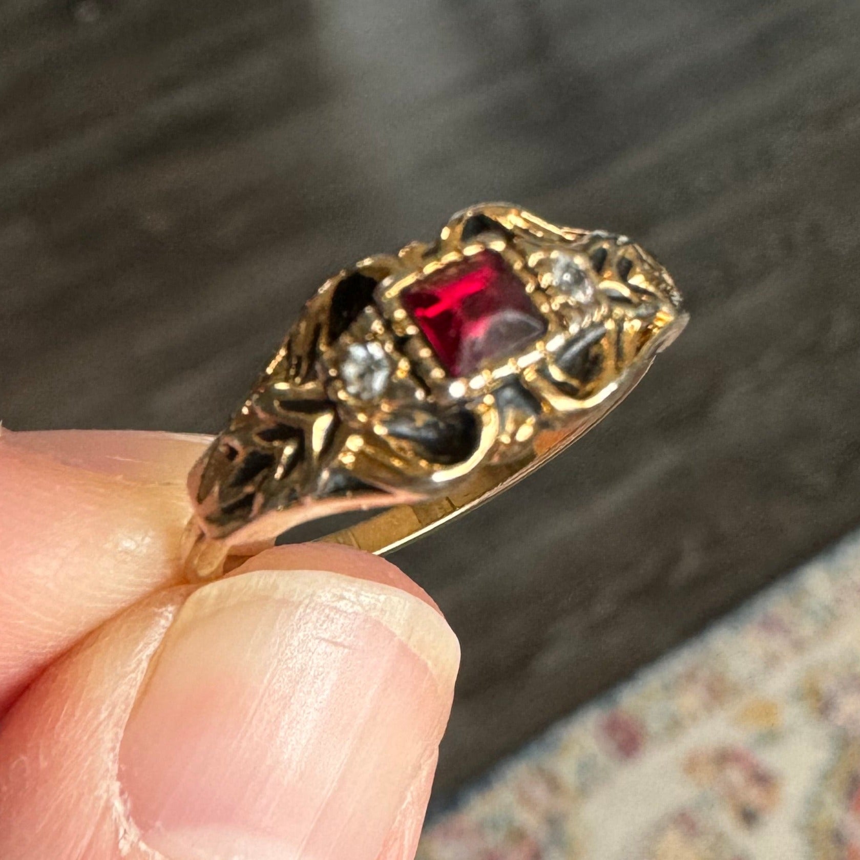 Repair: Replate & replace missing foilback (Base metal ring with red and white foilbacks)