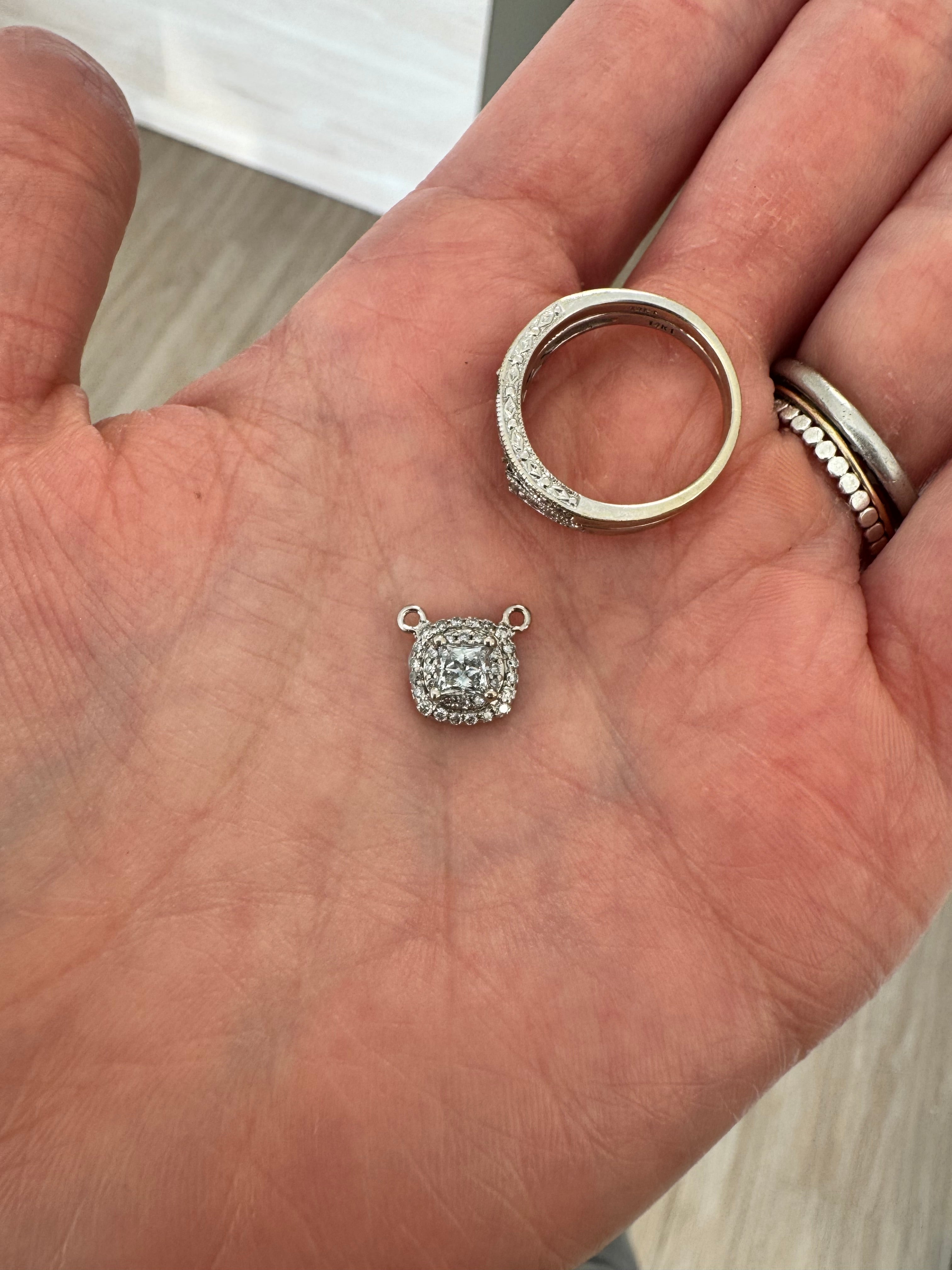 Repair: Cut double halo top off eng. ring. Supply & set .40 ct lab grown princess cut diamond (G+, VS/SI, 4x4mm). Supply new head setting for center. Smooth out bottom and add 2 jump rings to make station pendant.