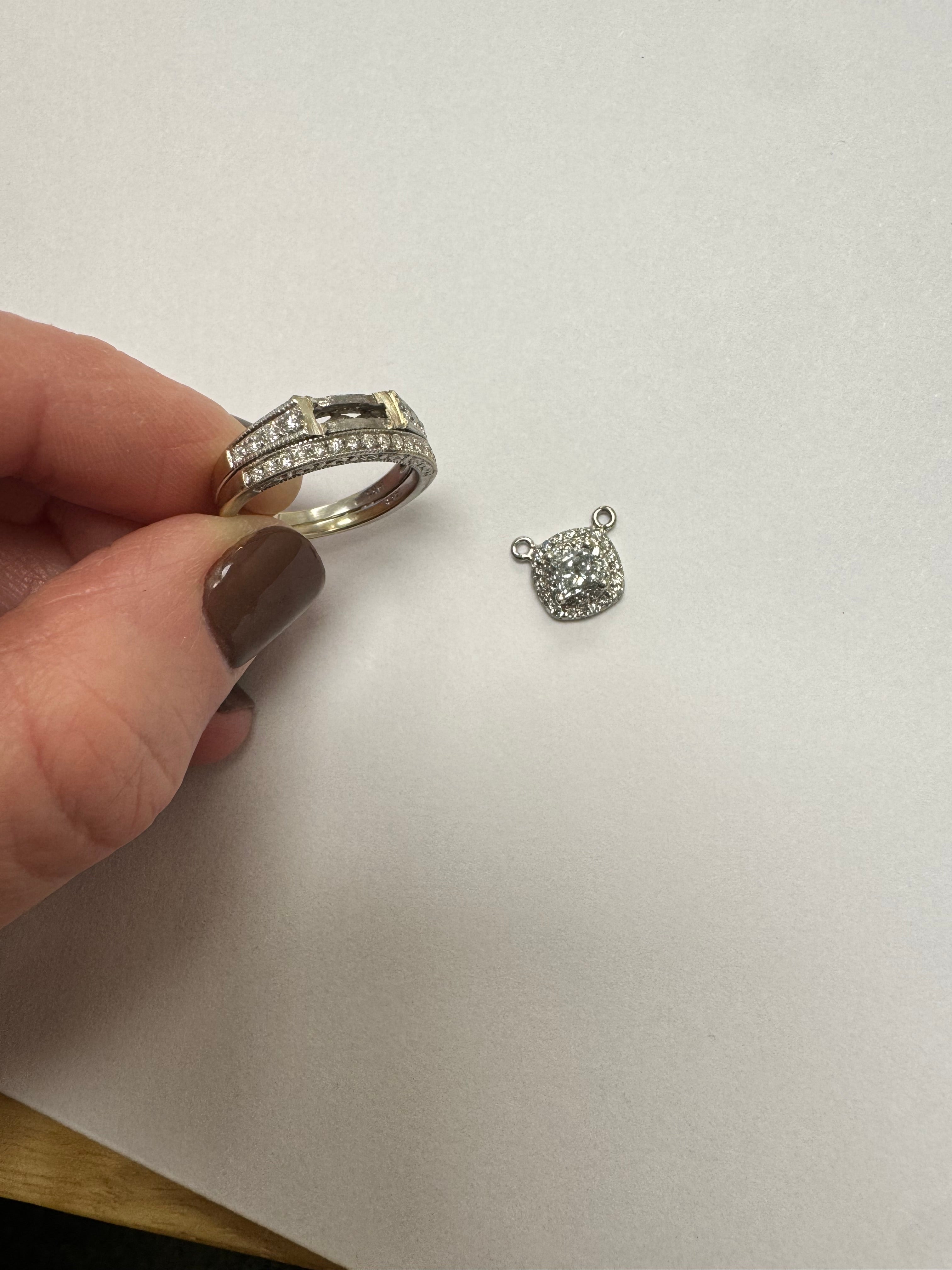Repair: Cut double halo top off eng. ring. Supply & set .40 ct lab grown princess cut diamond (G+, VS/SI, 4x4mm). Supply new head setting for center. Smooth out bottom and add 2 jump rings to make station pendant.