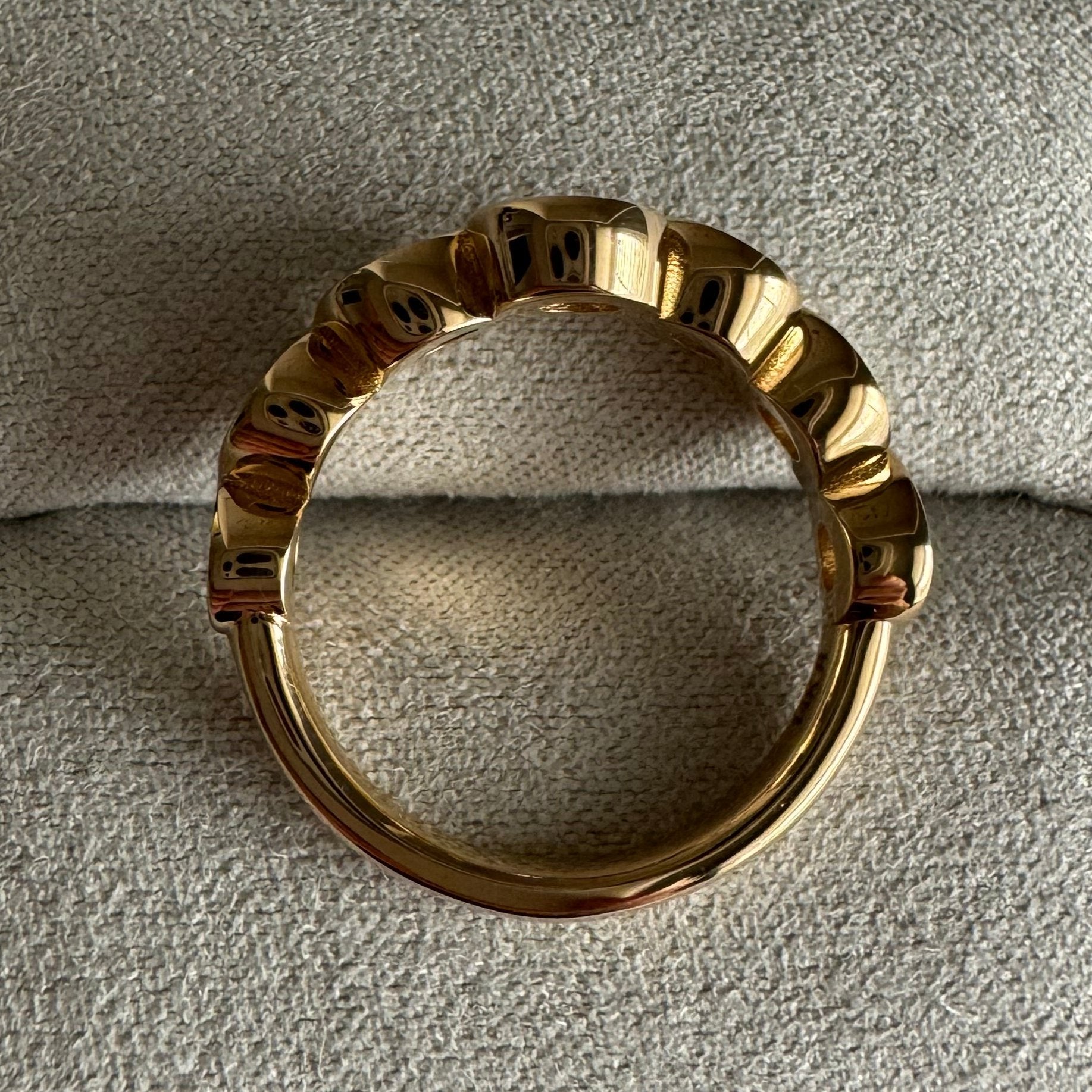 Custom 14k yellow gold curved bezel diamond wedding band - size 6.25