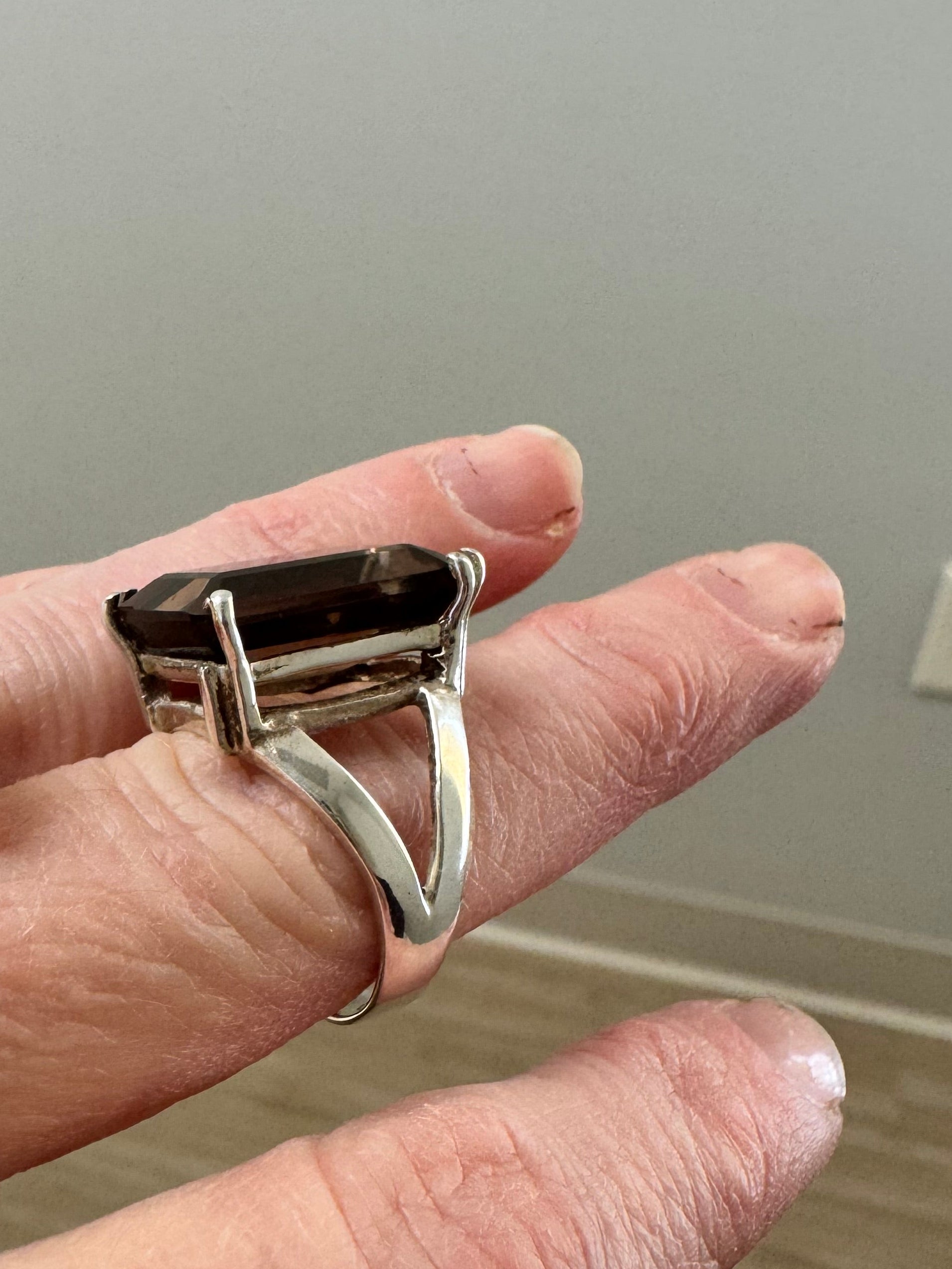 Remove split shank & supply 5mm half domed sterling silver shank to sterling silver smokey quartz ring. Make size 6.5.