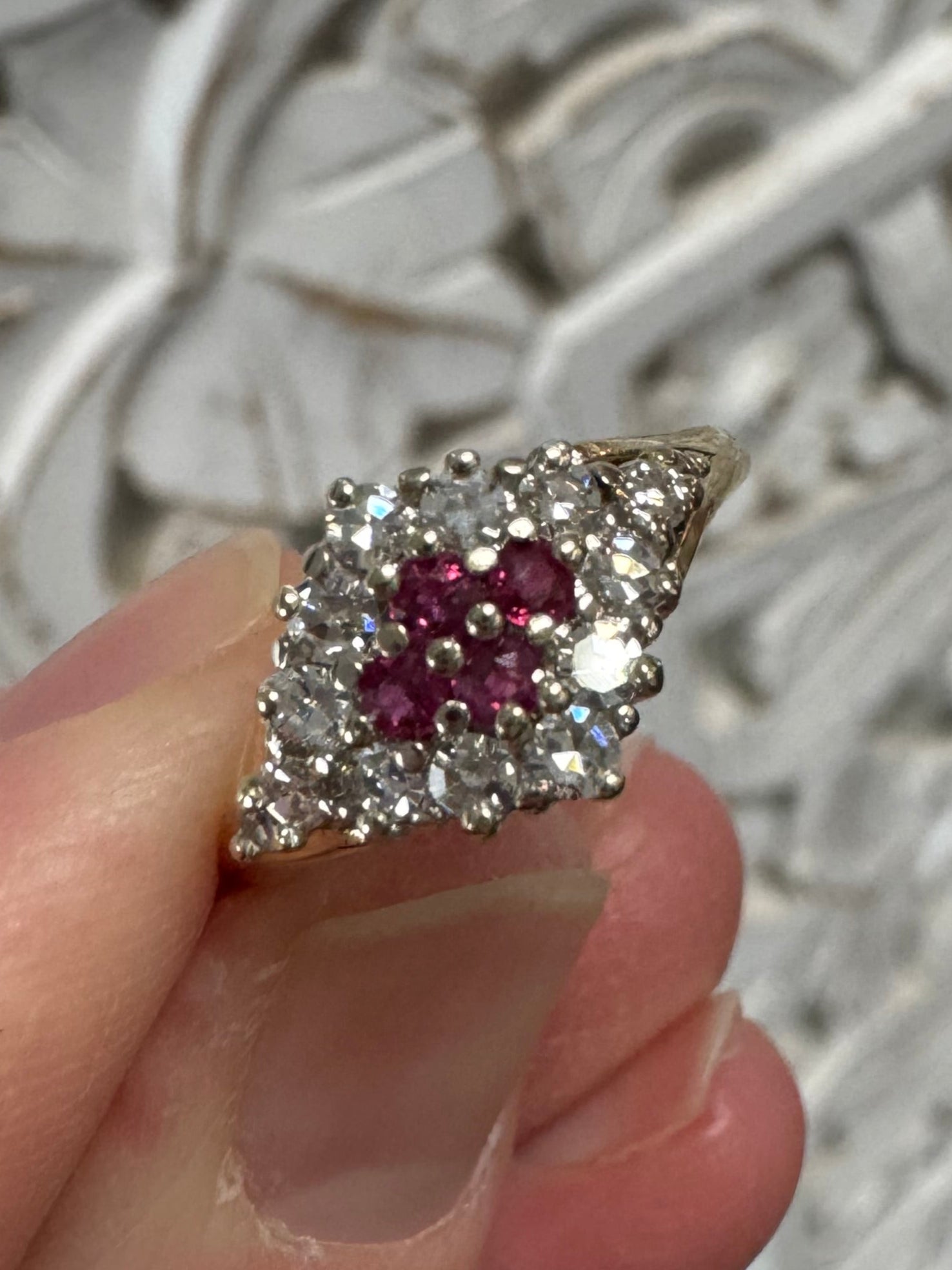 Retip as necessary and supply & set 2 missing round diamonds on a ladies 14k yellow gold ruby and diamond cocktail ring