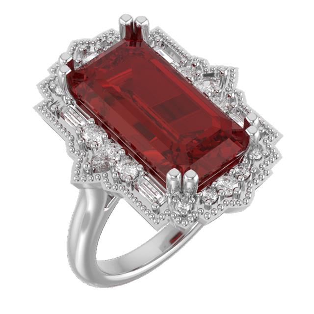 1st payment: Custom 10k white gold Ruby and lab grown diamond vintage style ring made with client's emerald cut ruby (7.15 cts). Size 4.5