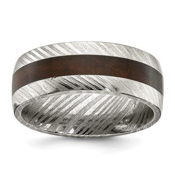 Size 10.5 - Damascus Steel Polished with Ebony Wood Inlay 8mm Band