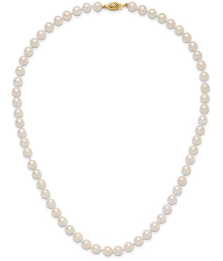 6-7mm White Round Akoya Saltwater Cultured Pearl Necklace with a 14k yellow gold clasp. 18 inch.