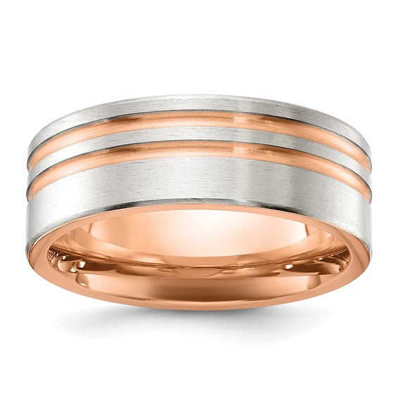 Titanium Brushed and Polished Rose IP-plated Stripes 8mm Band - Size 9