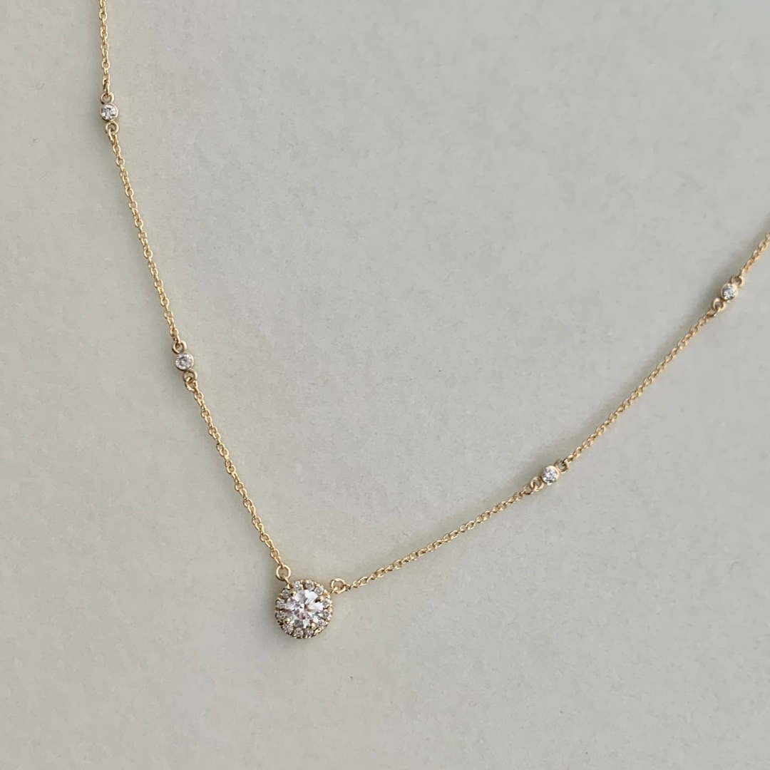 Yellow Gold Diamond Halo Station Necklace