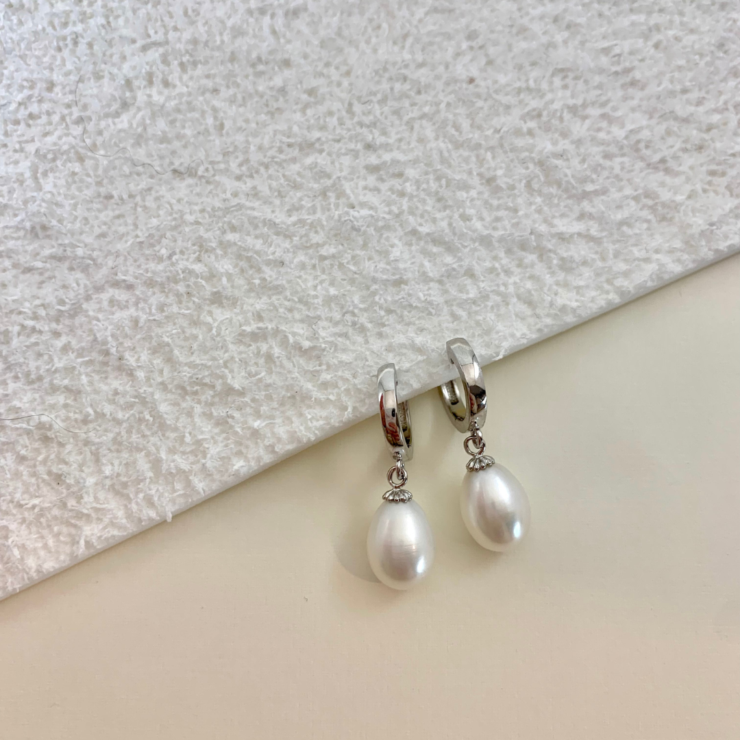 Sterling Silver Rhodium-plated White Teardrop Pearl Huggie Earrings