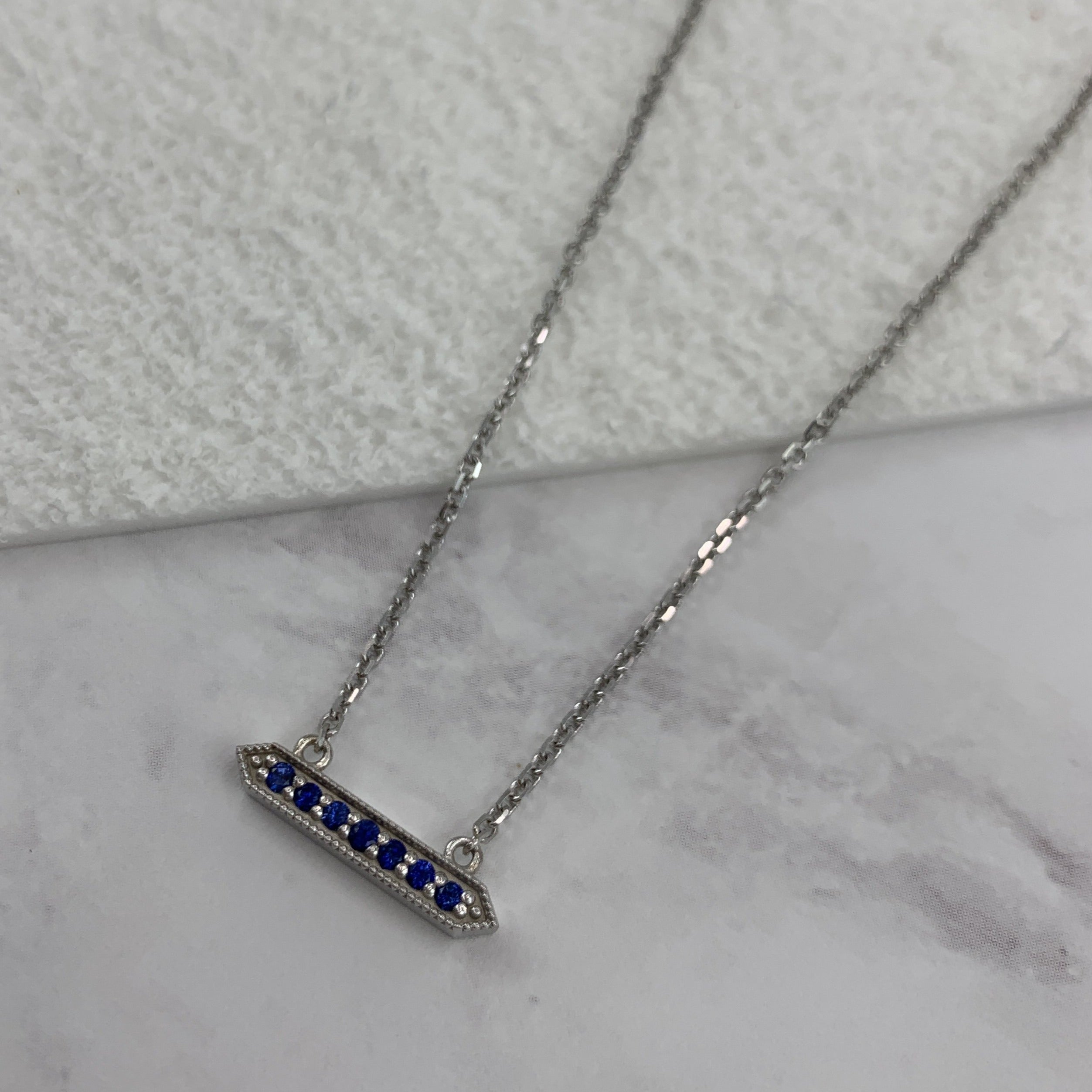 10k White Gold Milgrain Sapphire Bar Necklace